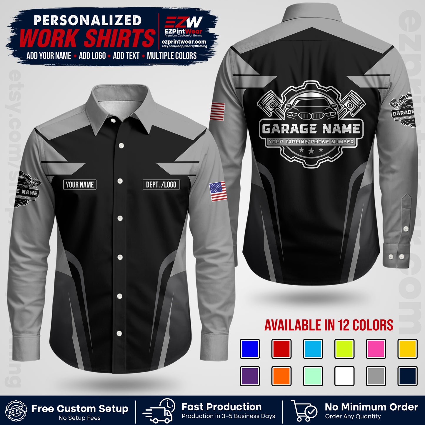 Custom Mechanic Work Shirt with Name, Logo & Text | Auto Shop Uniform | Workwear MCN 04