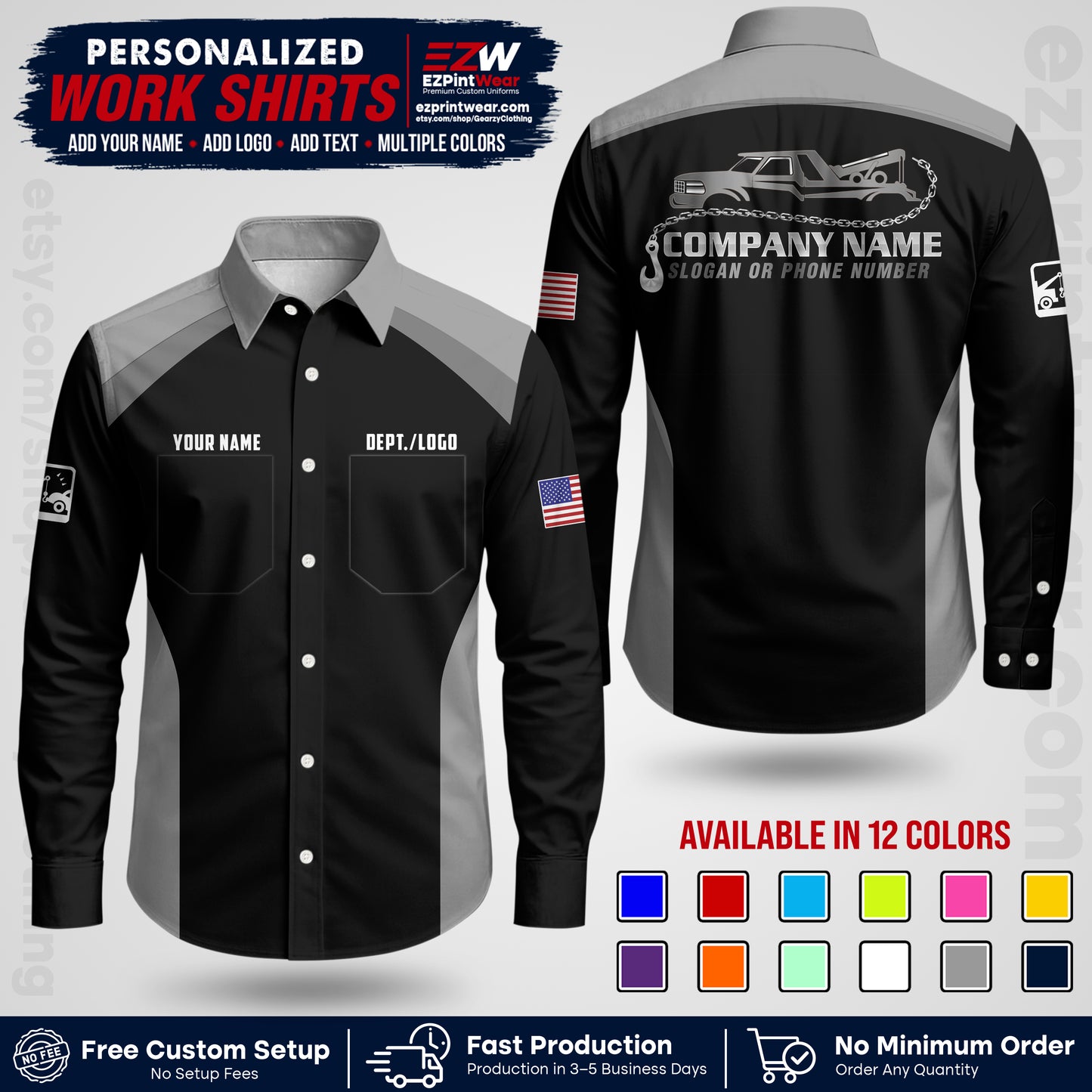 Custom Towing Shirt with Name, Logo & Text | Towing Company Uniform | Workwear TW01