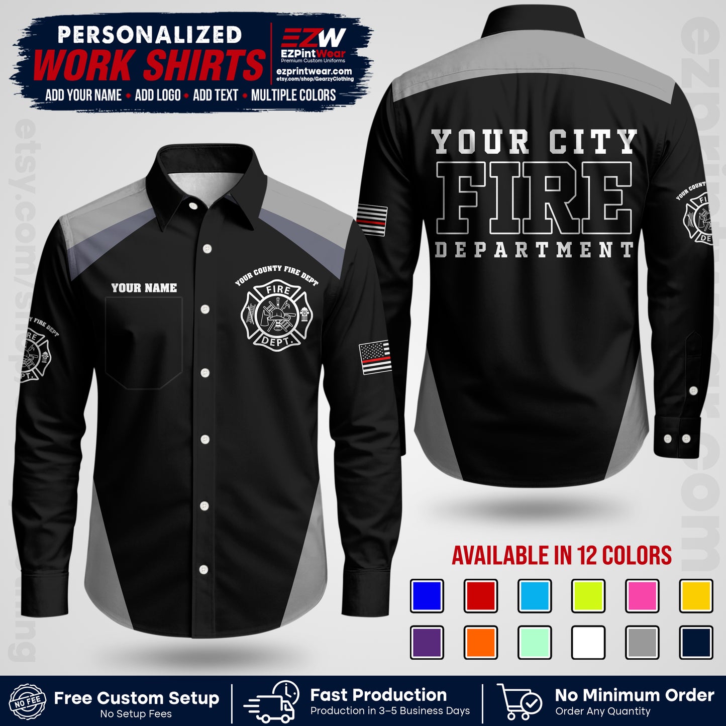Custom Fire Department Shirt with Name, City Logo & Text | Firefighter Uniform | Button Up Work Shirt FF04