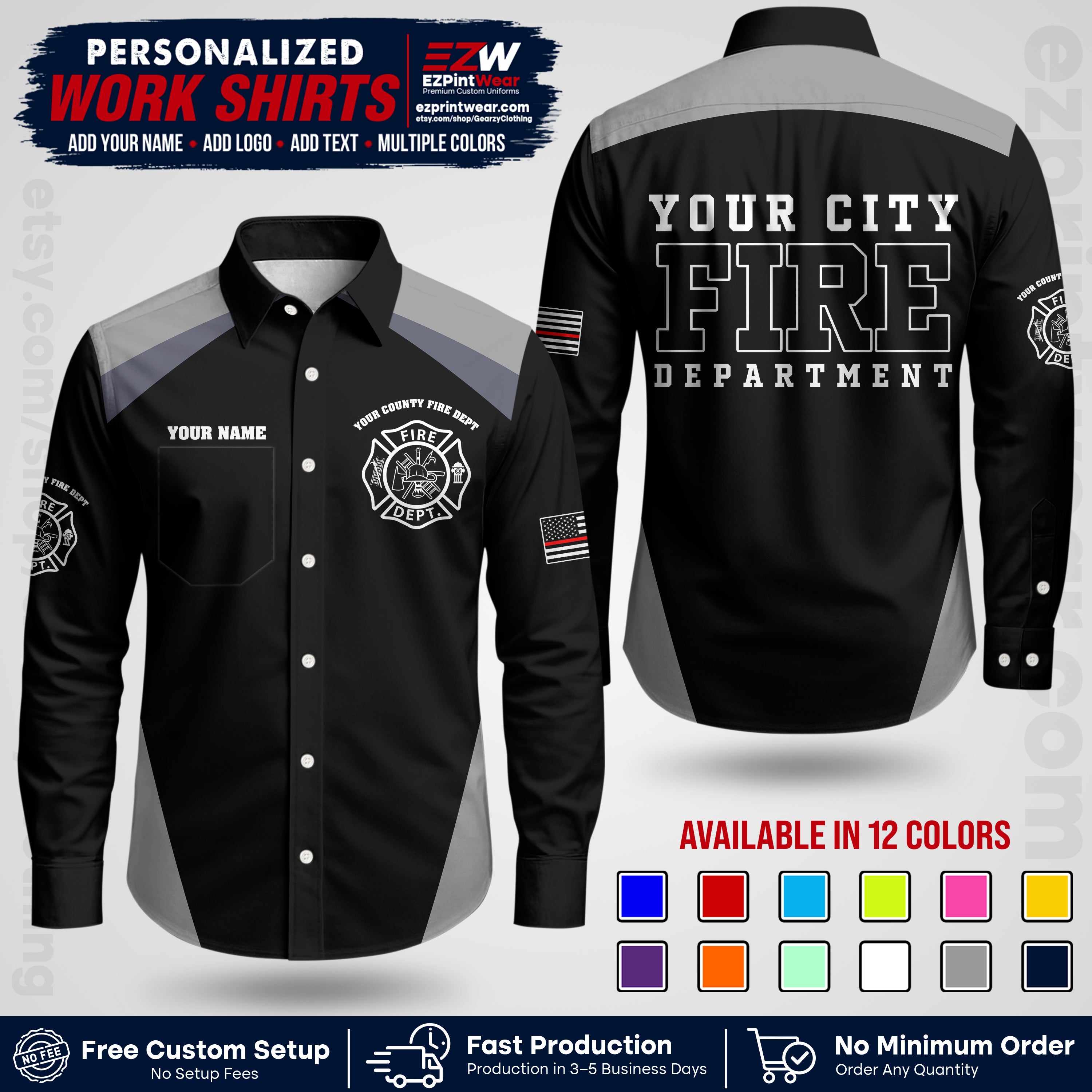 Custom Fire Department Shirt with Name, City Logo & Text | Firefighter Uniform | Button Up Work Shirt FF04
