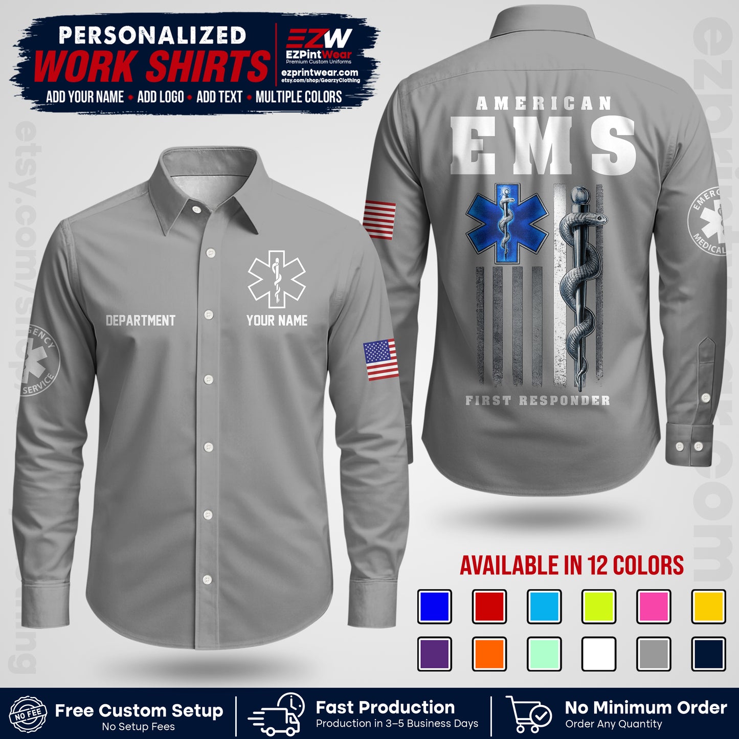 Custom EMS Shirt with Name, Logo & Text | EMS Team Uniform | First Responder Workwear EMSU03