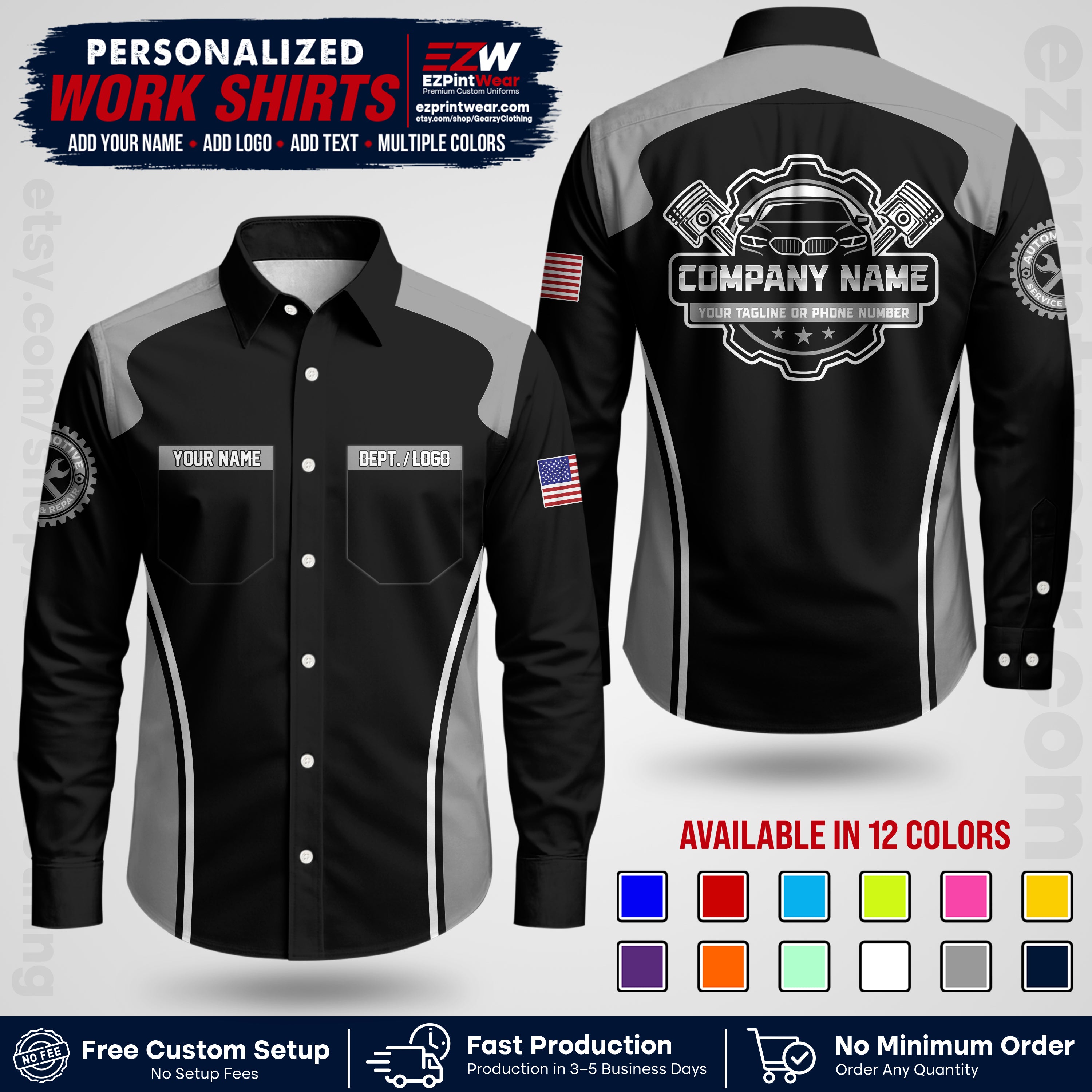 Custom Mechanic Work Shirt with Name, Logo & Text | Auto Shop Uniform | Workwear MCN 10