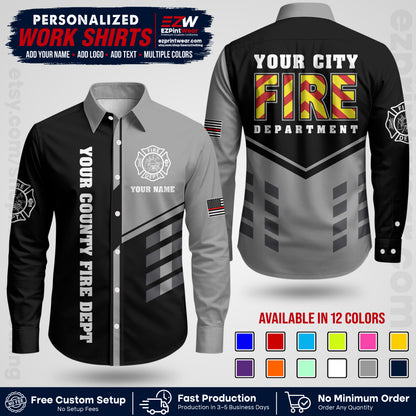 Custom Fire Department Shirt with Name, City Logo & Text | Firefighter Uniform | Button Up Work Shirt FF06