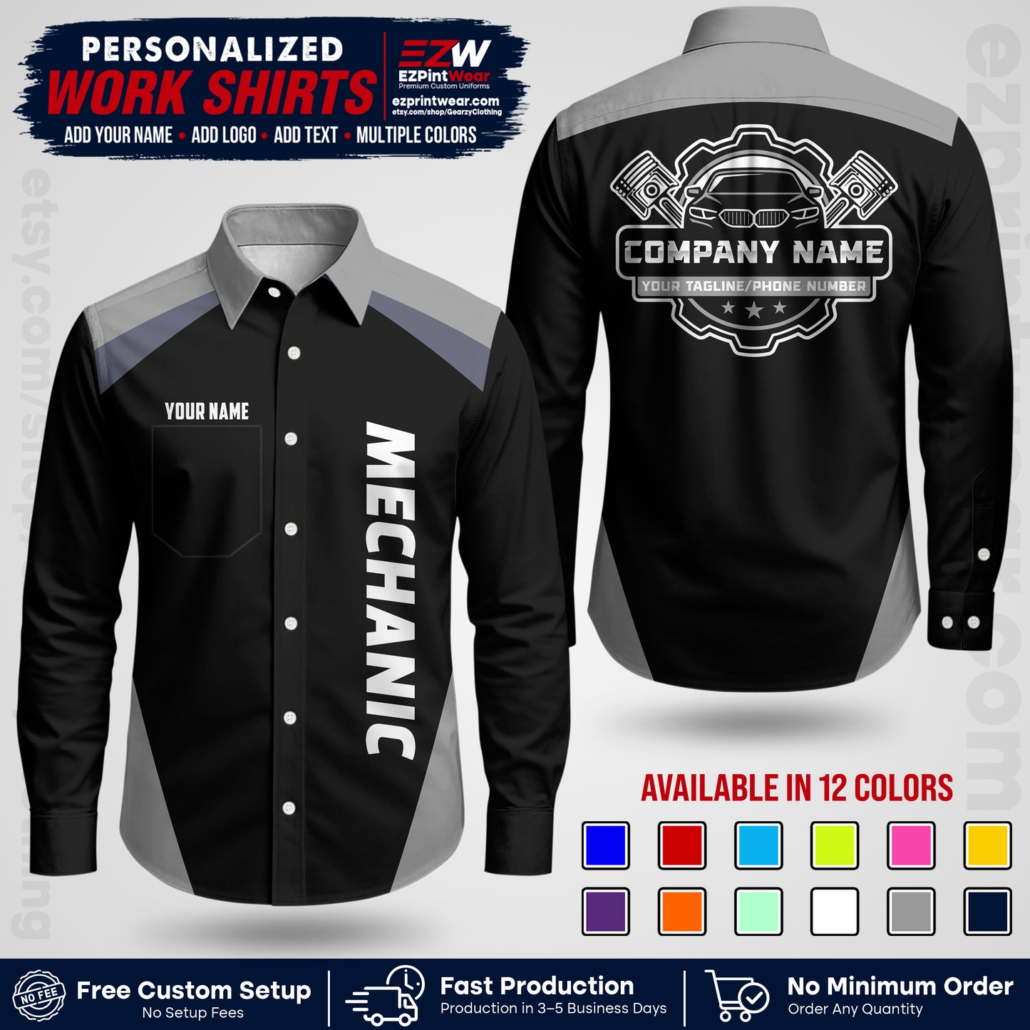 Custom Mechanic Work Shirt with Name, Logo & Text | Auto Shop Uniform | Workwear MCN 02