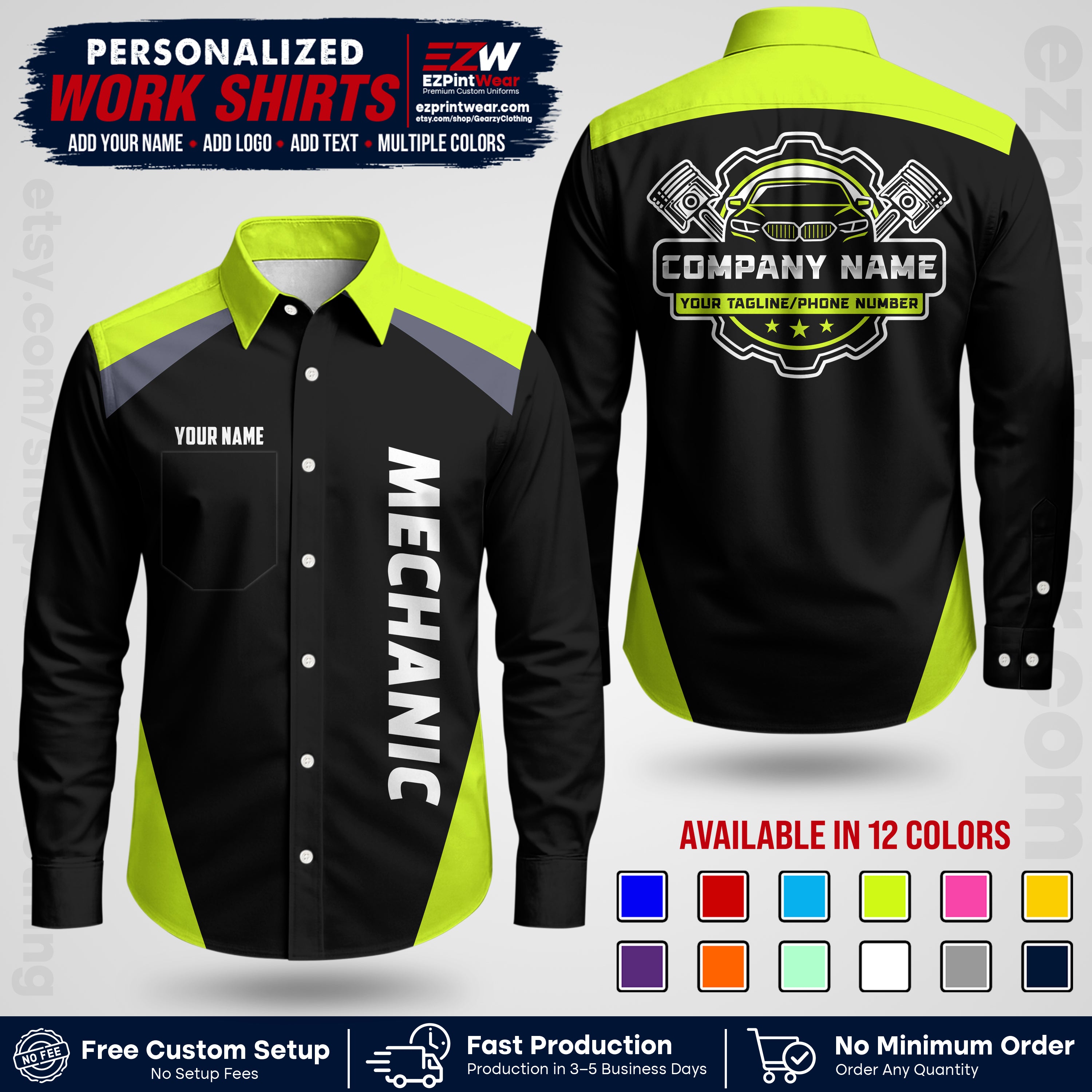Custom Mechanic Work Shirt with Name, Logo & Text | Auto Shop Uniform | Workwear MCN 02