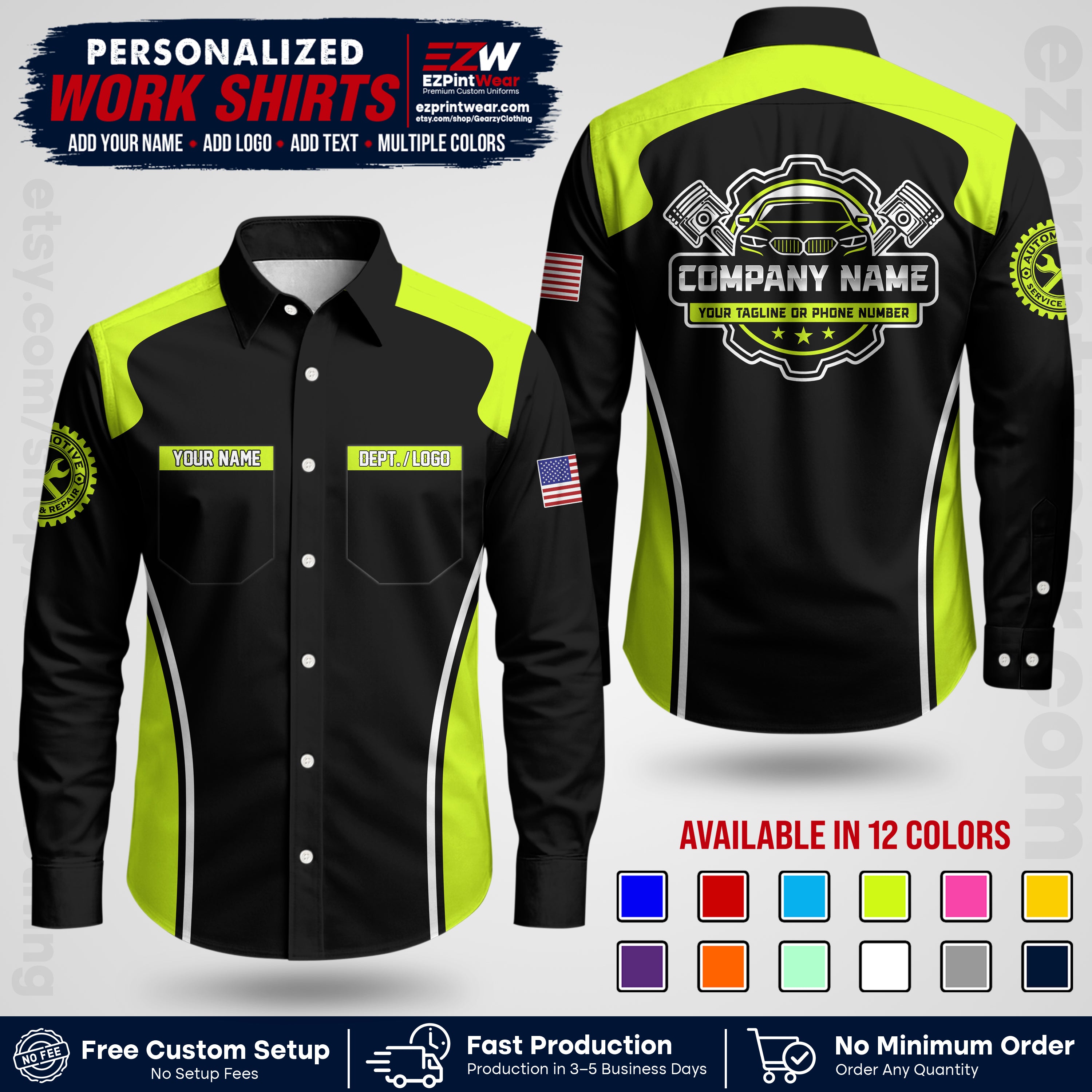 Custom Mechanic Work Shirt with Name, Logo & Text | Auto Shop Uniform | Workwear MCN 10