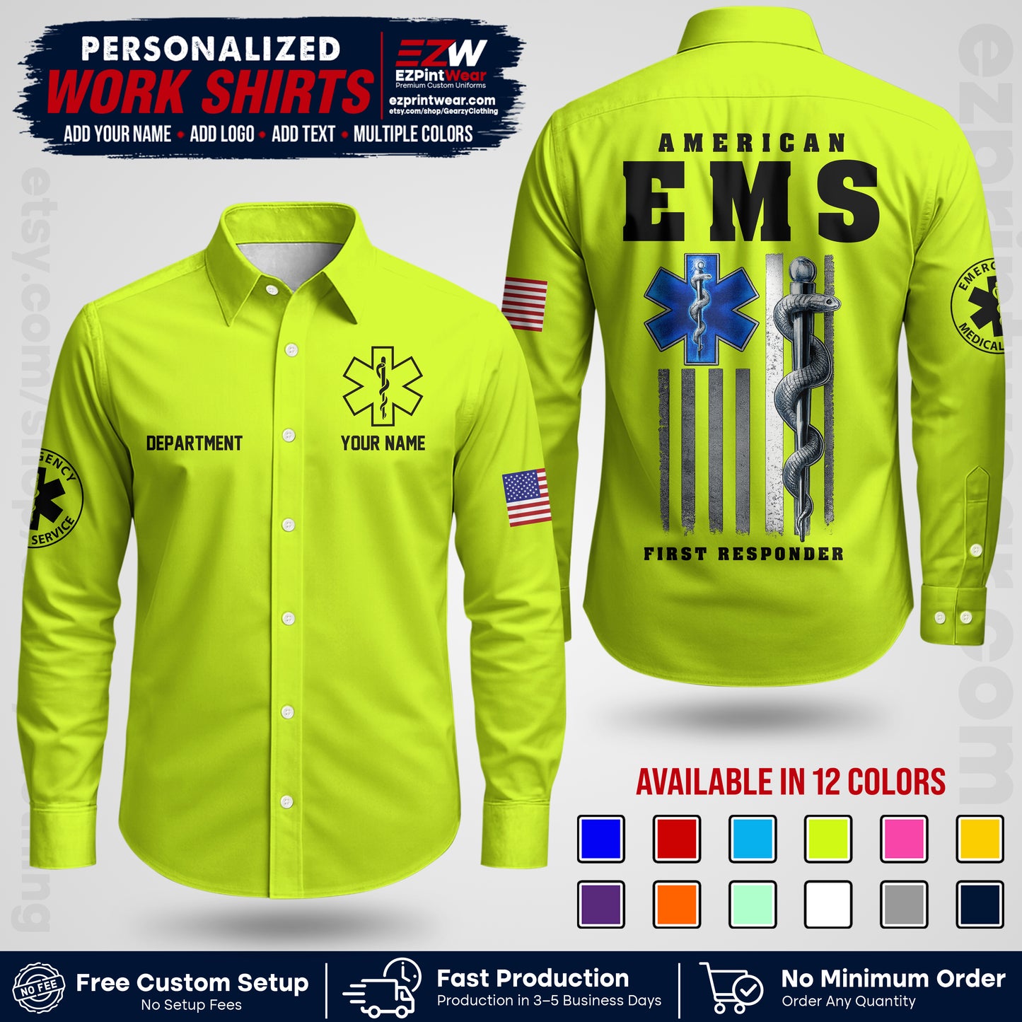 Custom EMS Shirt with Name, Logo & Text | EMS Team Uniform | First Responder Workwear EMSU03