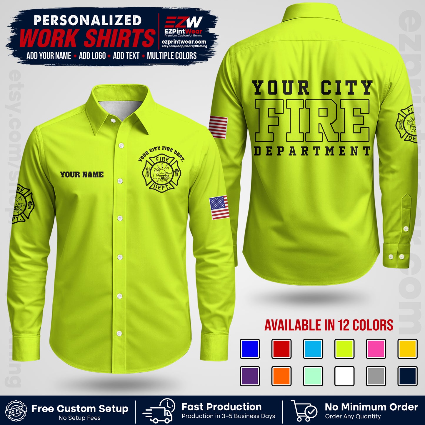 Custom Fire Department Shirt with Name, City Logo & Text | Firefighter Uniform | Button Up Work Shirt FF01