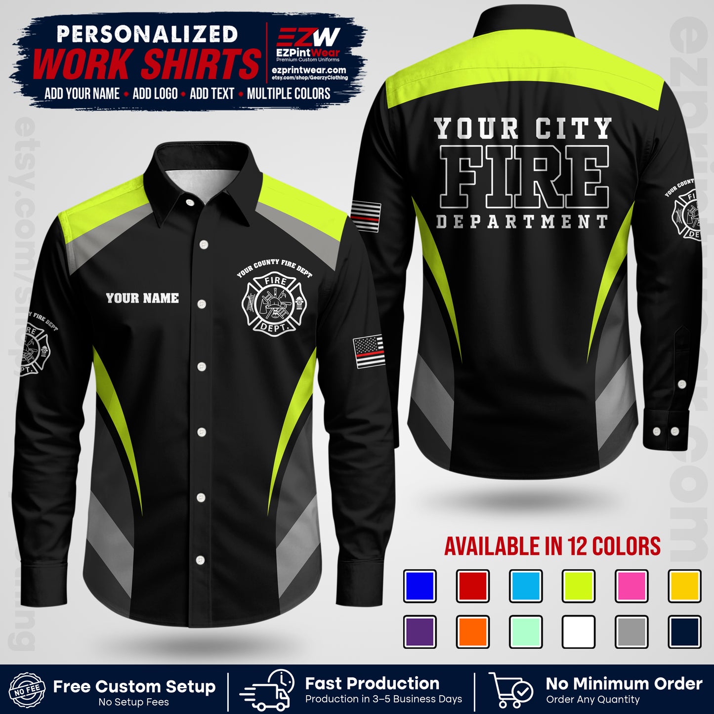 Custom Fire Department Shirt with Name, City Logo & Text | Firefighter Uniform | Button Up Work Shirt FF02
