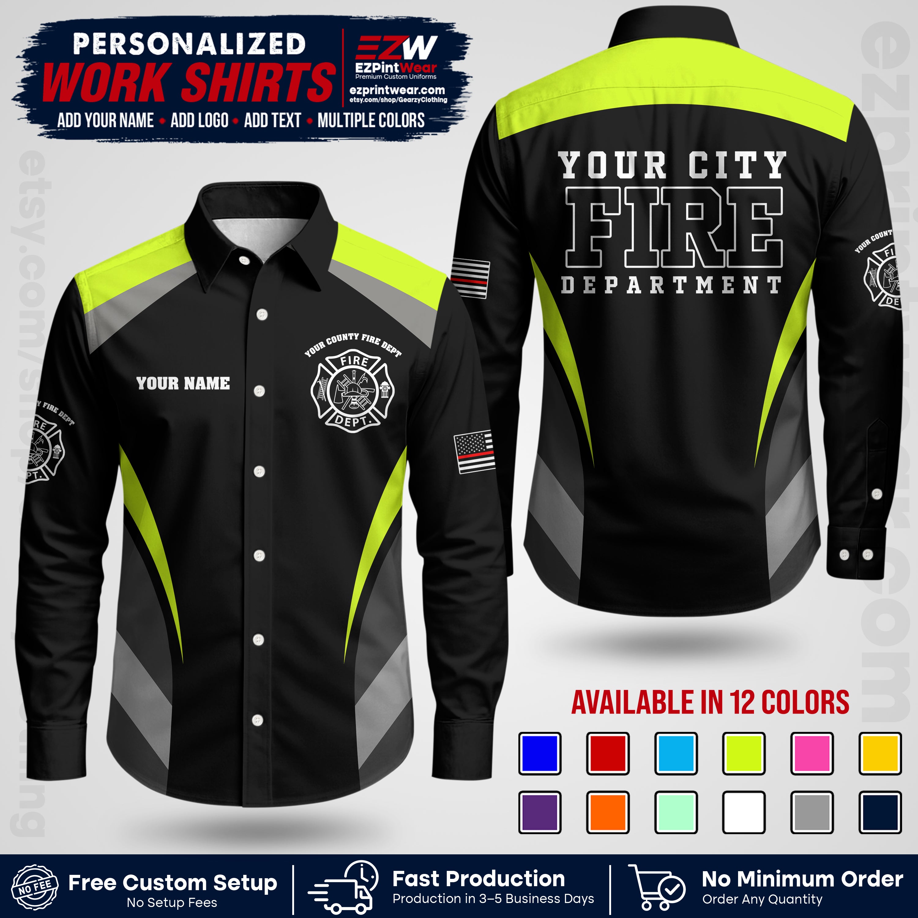Custom Fire Department Shirt with Name, City Logo & Text | Firefighter Uniform | Button Up Work Shirt FF02