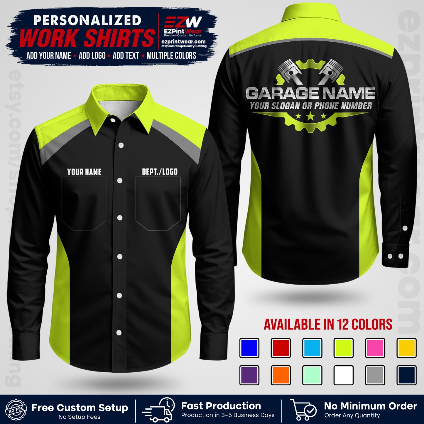 Custom Mechanic Work Shirt with Name, Logo & Text | Auto Shop Uniform | Workwear MCN 06