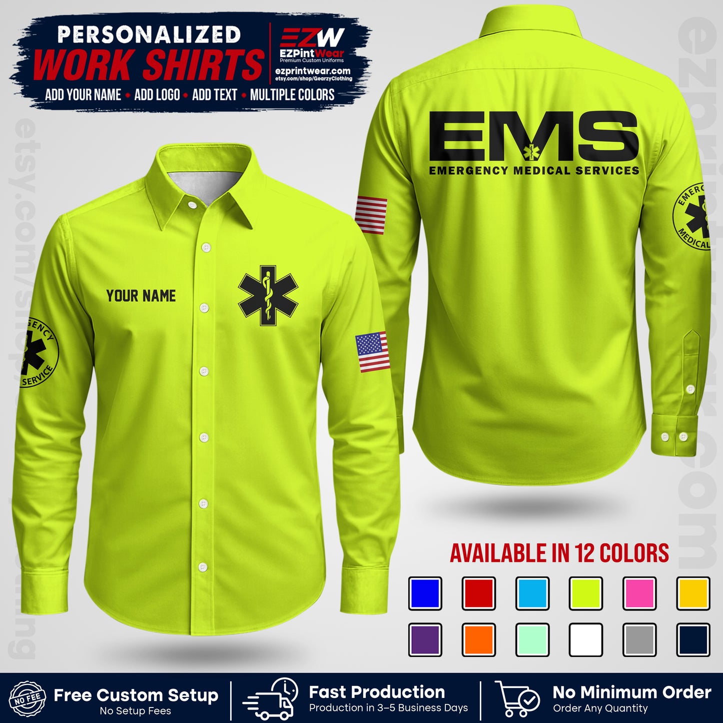 Custom EMS Shirt with Name, Logo & Text | EMS Team Uniform | First Responder Workwear EMSU01