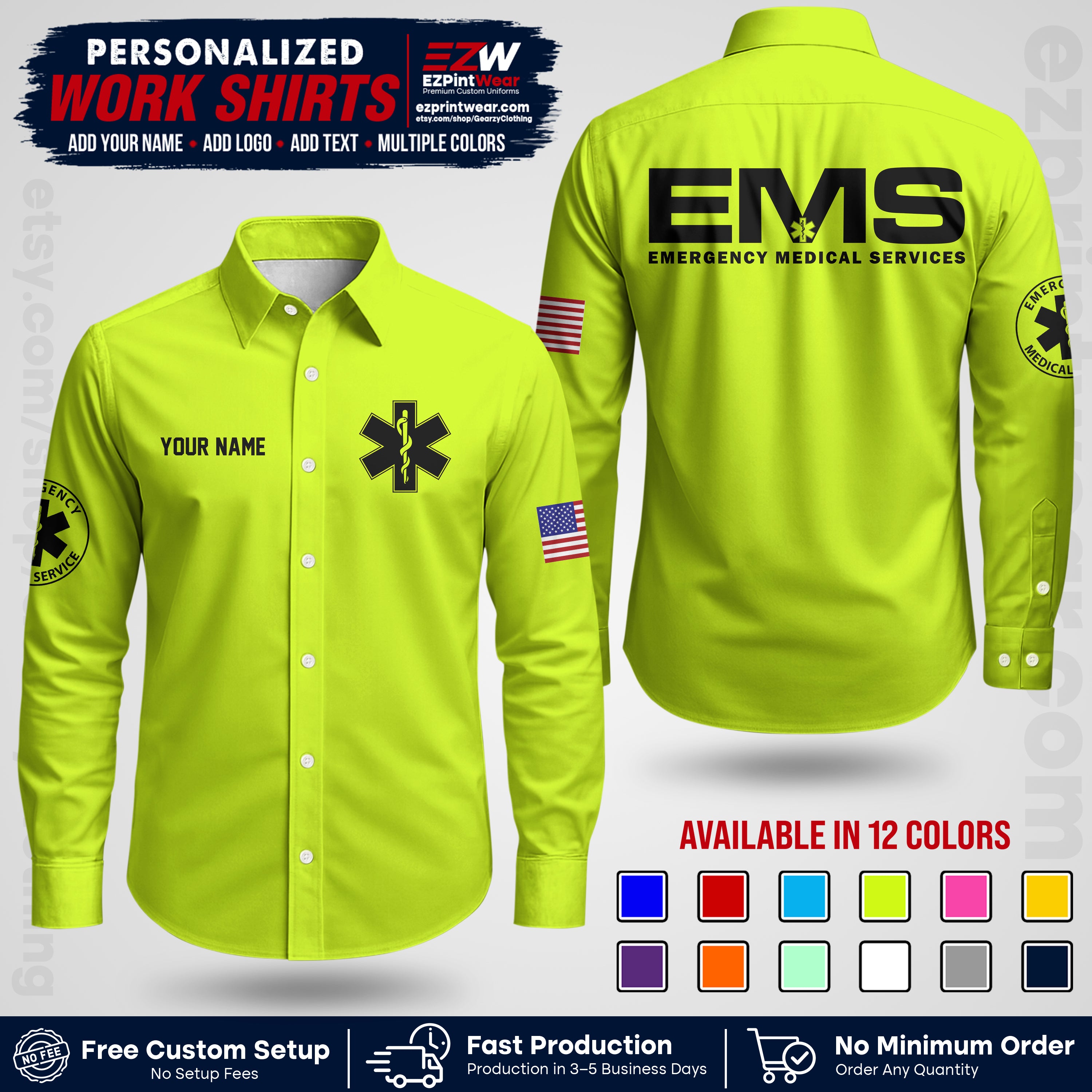 Custom EMS Shirt with Name, Logo & Text | EMS Team Uniform | First Responder Workwear EMSU01