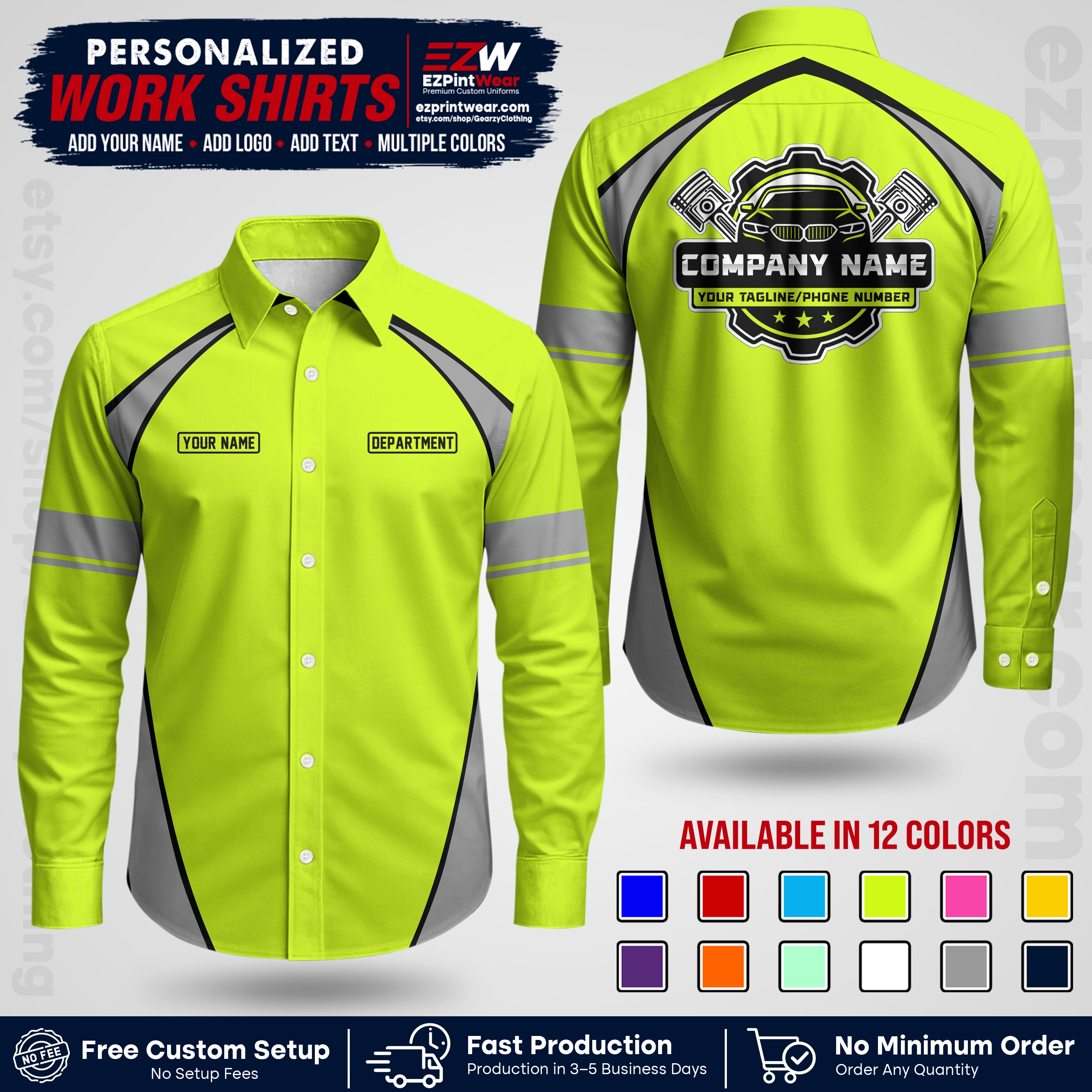 Custom Mechanic Work Shirt with Name, Logo & Text | Auto Shop Uniform | Workwear MCN 09