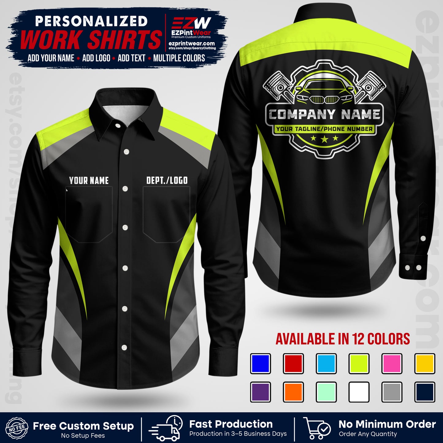 Custom Mechanic Work Shirt with Name, Logo & Text | Auto Shop Uniform | Workwear MCN 05