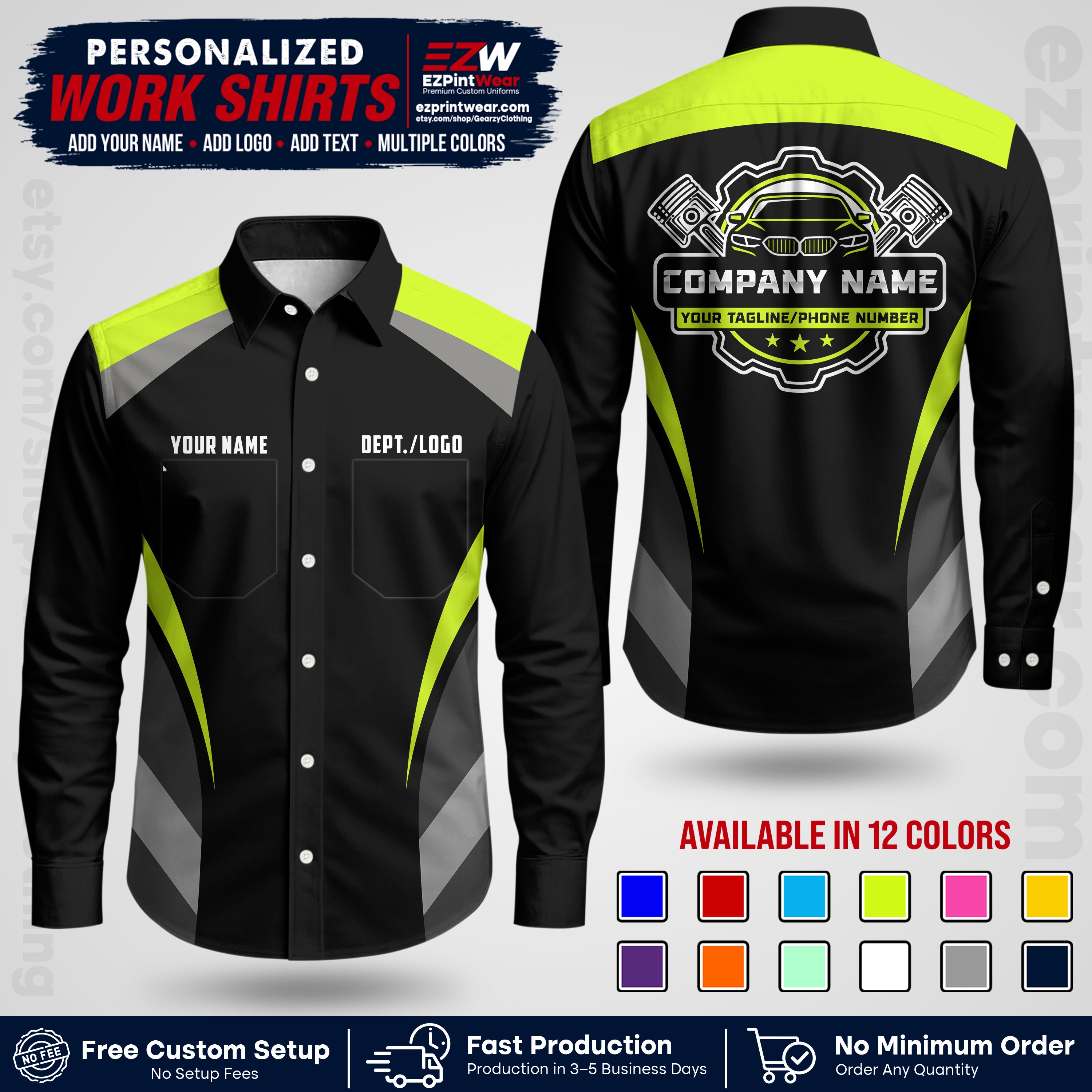 Custom Mechanic Work Shirt with Name, Logo & Text | Auto Shop Uniform | Workwear MCN 05