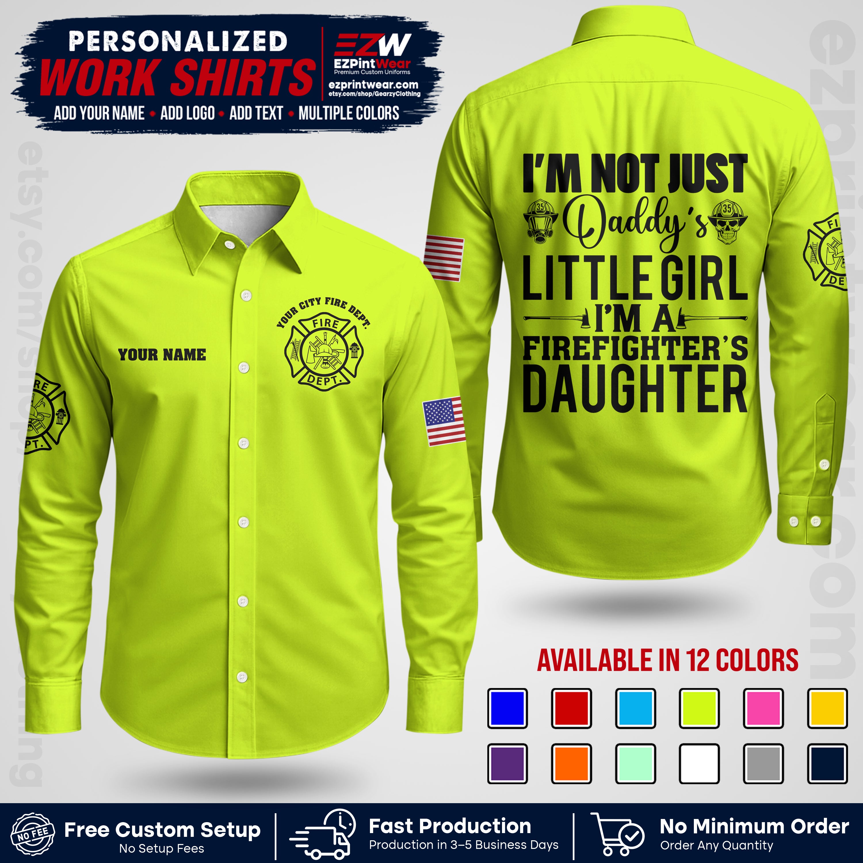 Custom Fire Department Shirt with Name, City Logo & Text | Firefighter Uniform | Button Up Work Shirt FF08