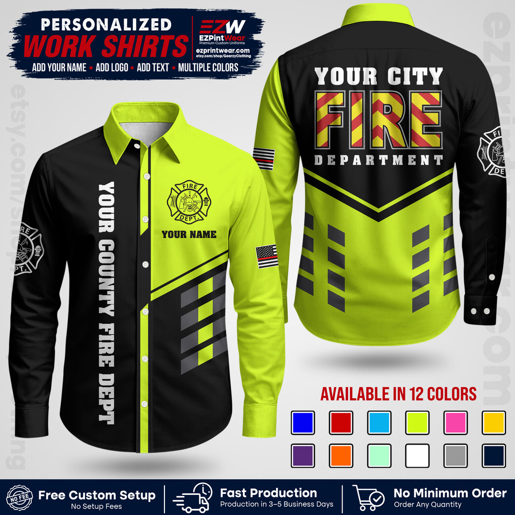 Custom Fire Department Shirt with Name, City Logo & Text | Firefighter Uniform | Button Up Work Shirt FF06