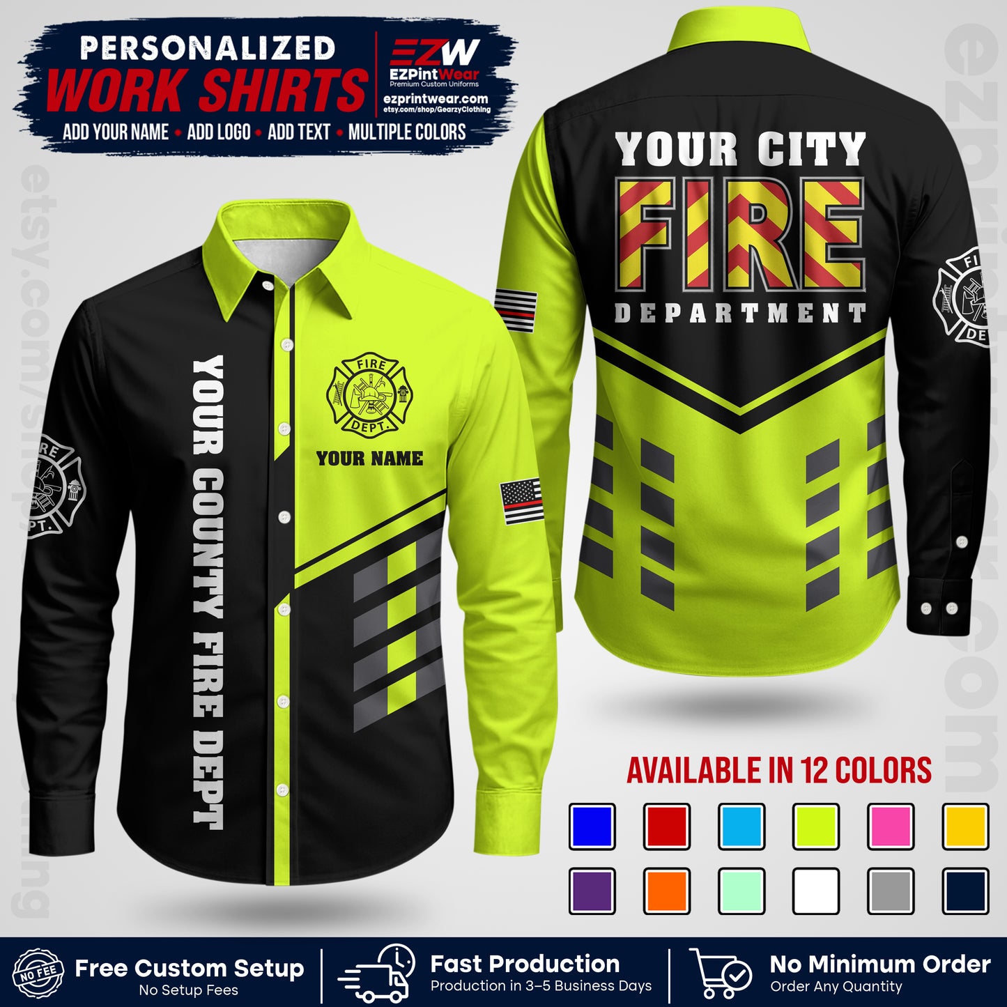 Custom Fire Department Shirt with Name, City Logo & Text | Firefighter Uniform | Button Up Work Shirt FF06