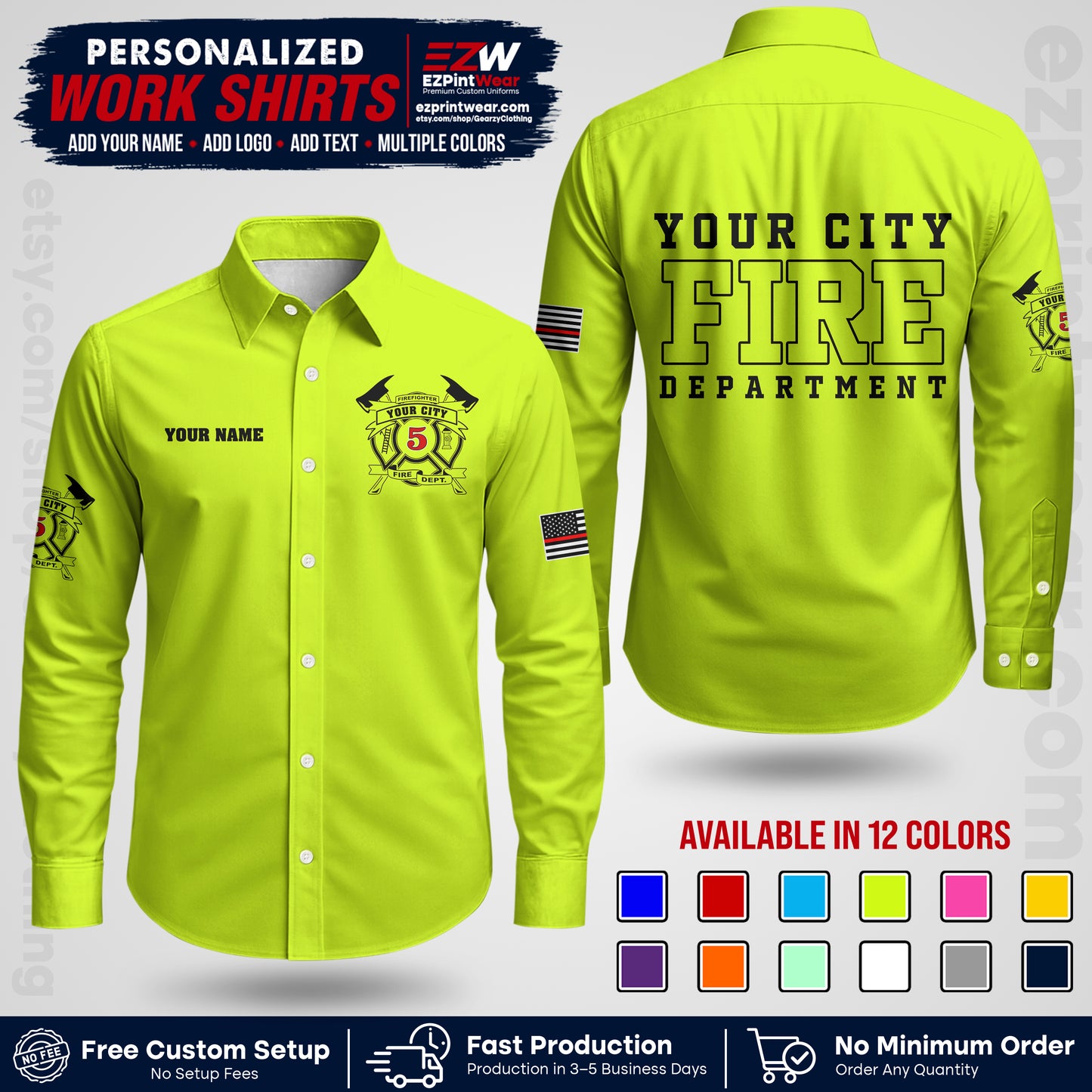 Custom Fire Department Shirt with Name, City Logo & Text | Firefighter Uniform | Button Up Work Shirt FF07