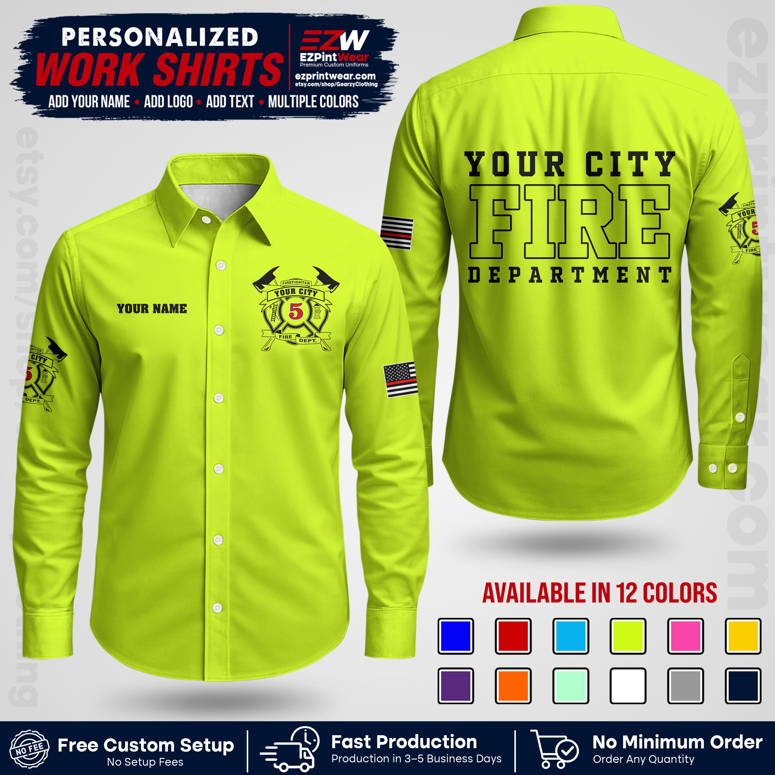 Custom Fire Department Shirt with Name, City Logo & Text | Firefighter Uniform | Button Up Work Shirt FF07