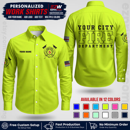 Custom Fire Department Shirt with Name, City Logo & Text | Firefighter Uniform | Button Up Work Shirt FF07