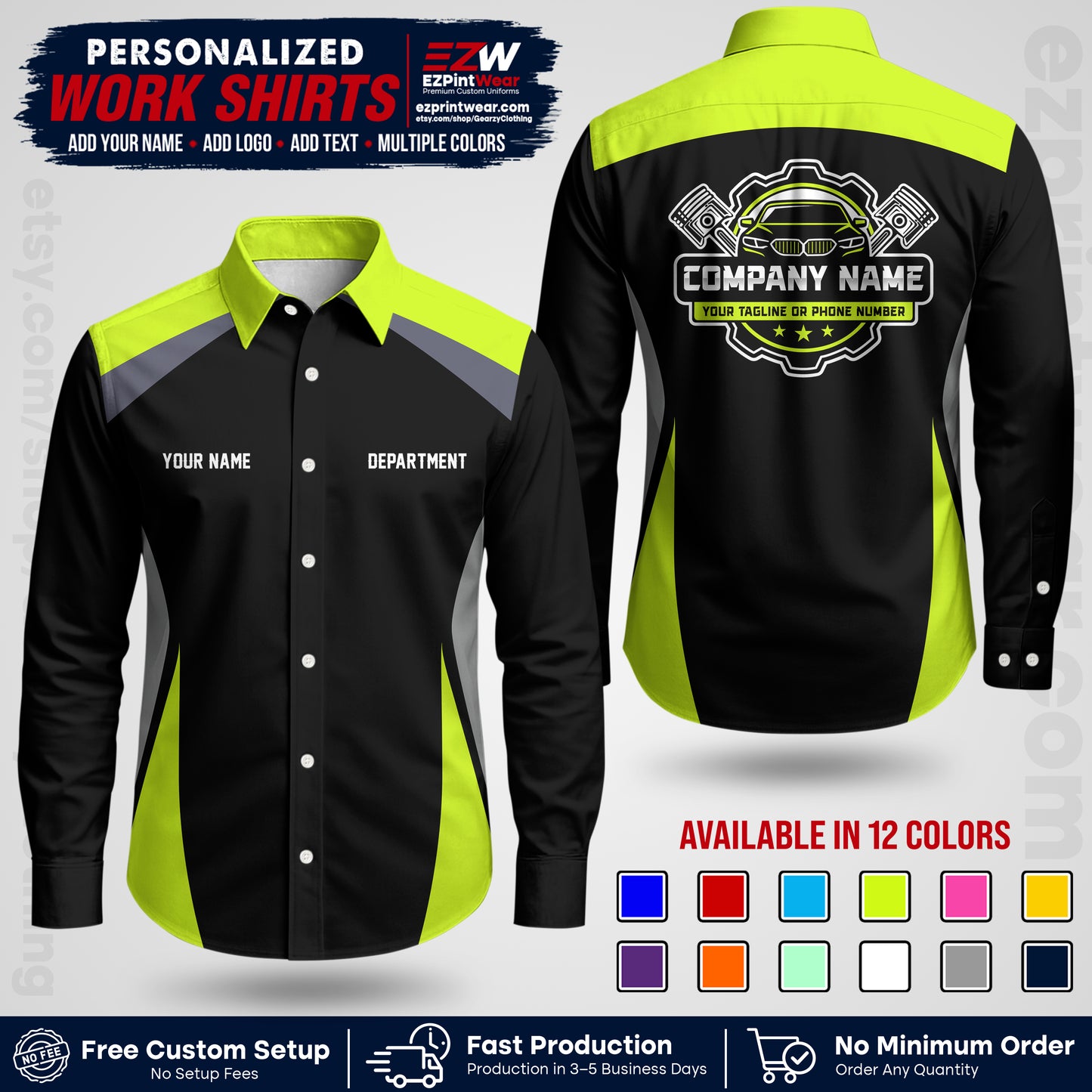 Custom Mechanic Work Shirt with Name, Logo & Text | Auto Shop Uniform | Workwear MCN 08
