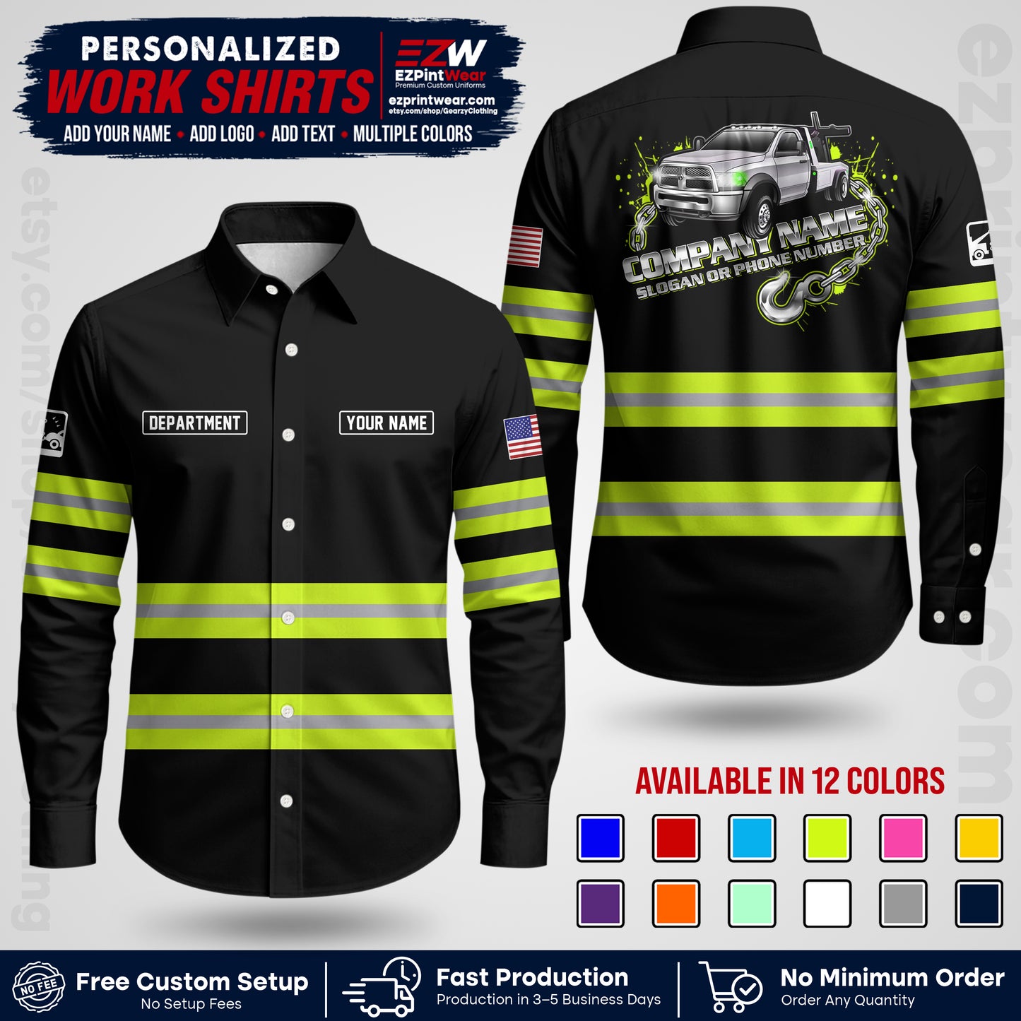 Custom Towing Workwear Uniform | Personalized Tow Truck Shirt | Non-Reflective Safety Stripe Apparel | Custom Towing Shirt | Tow Truck Apparel TW05