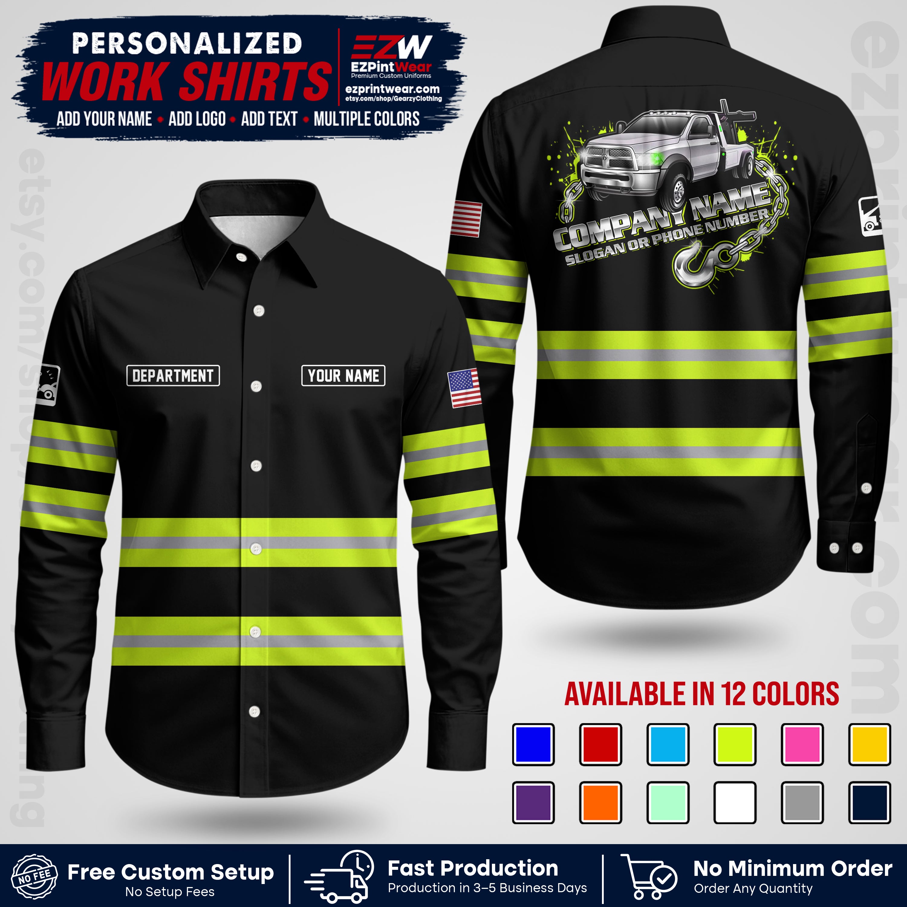 Custom Towing Workwear Uniform | Personalized Tow Truck Shirt | Non-Reflective Safety Stripe Apparel | Custom Towing Shirt | Tow Truck Apparel TW05