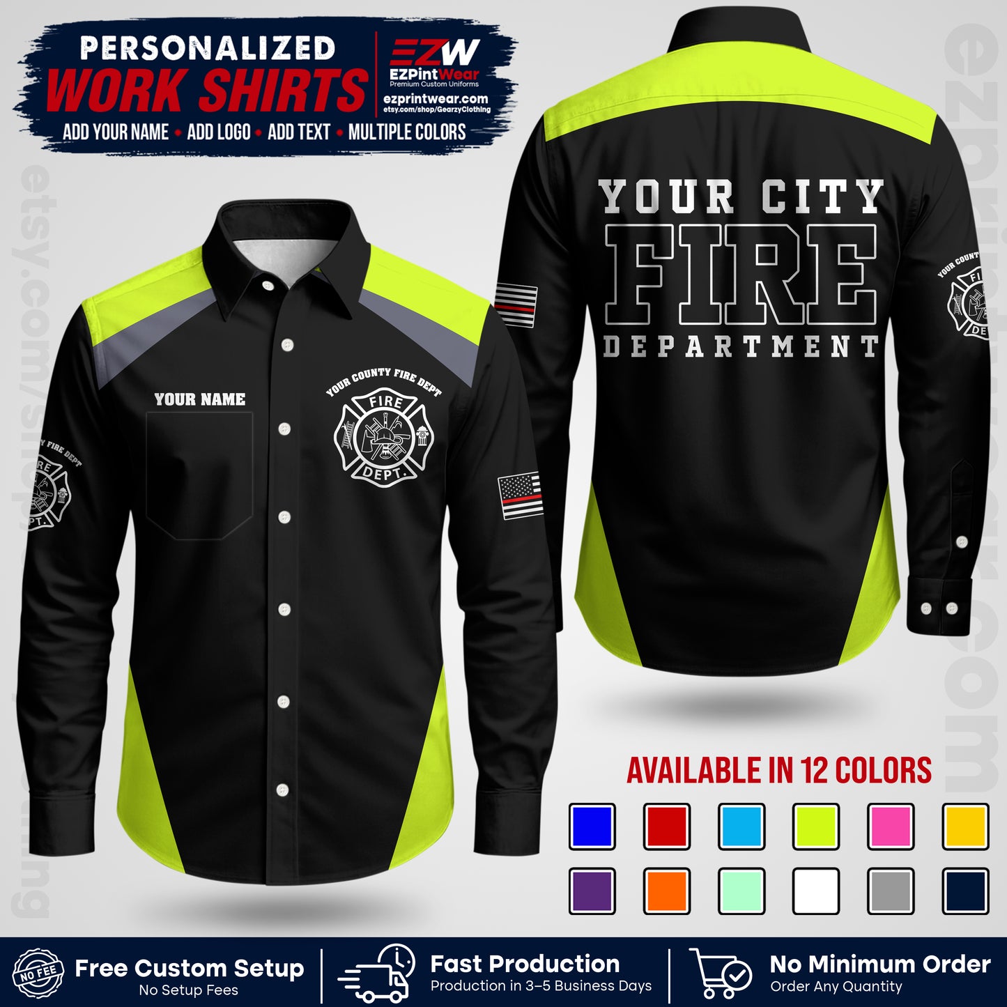 Custom Fire Department Shirt with Name, City Logo & Text | Firefighter Uniform | Button Up Work Shirt FF04