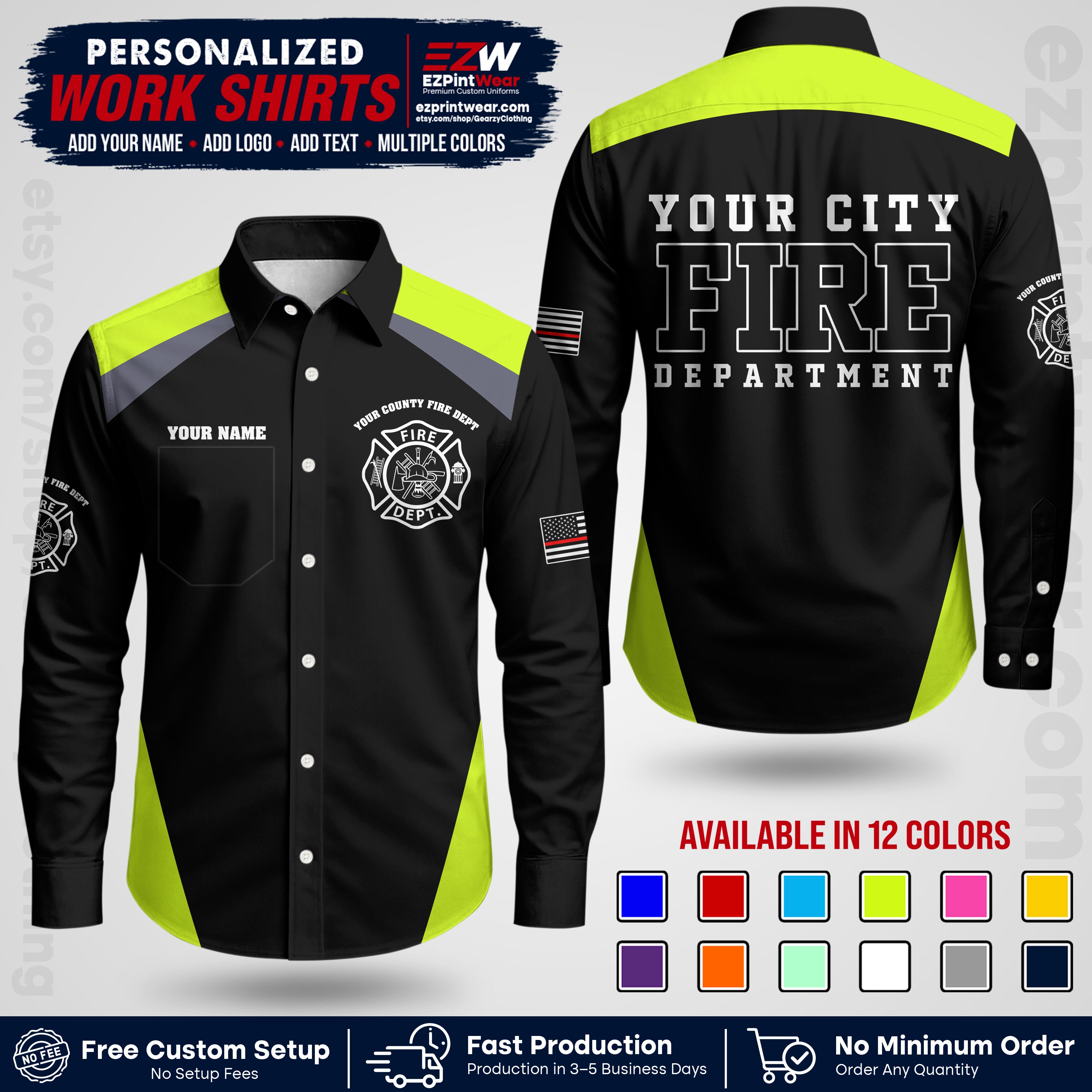 Custom Fire Department Shirt with Name, City Logo & Text | Firefighter Uniform | Button Up Work Shirt FF04