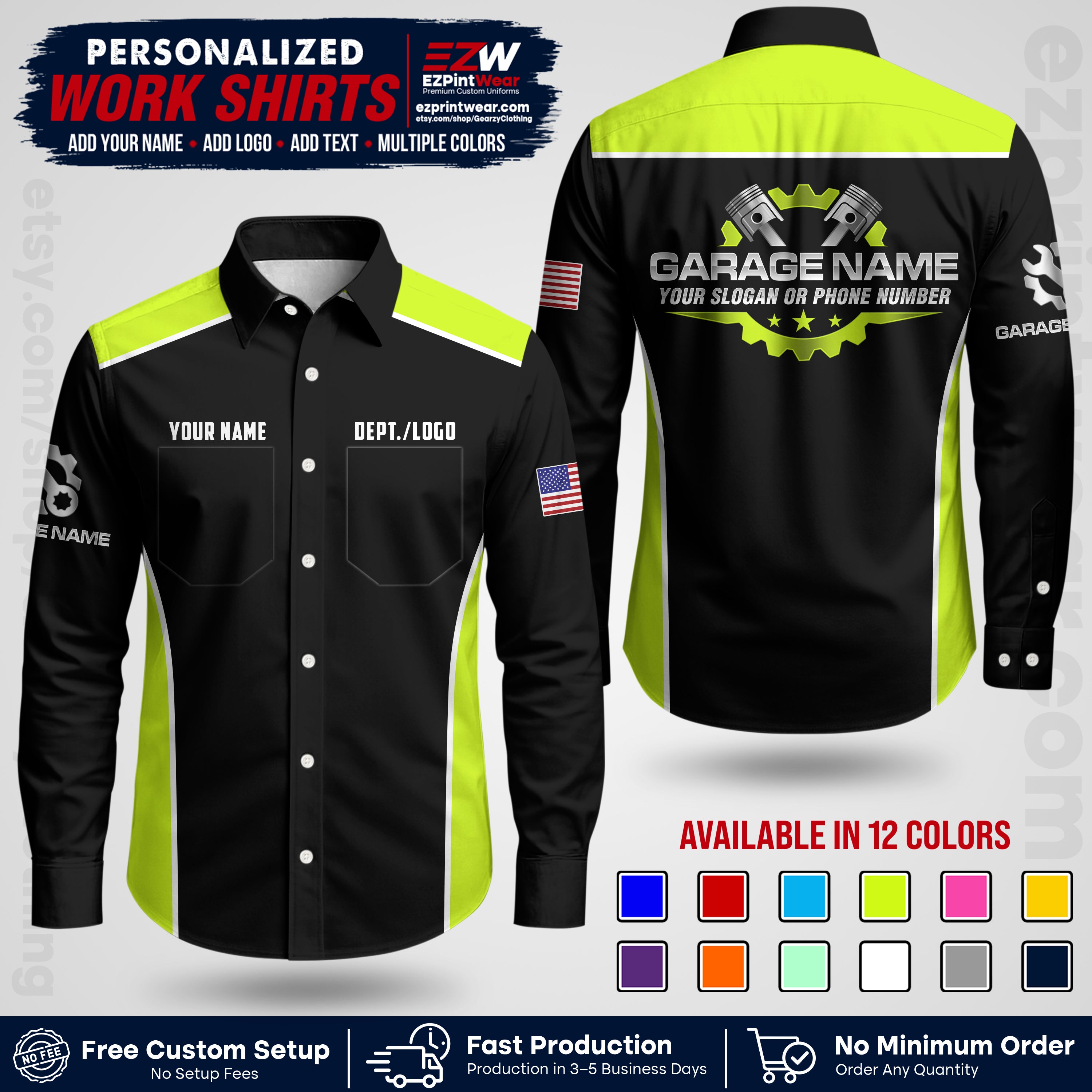 Custom Mechanic Work Shirt with Name, Logo & Text | Auto Shop Uniform | Workwear MCN 07
