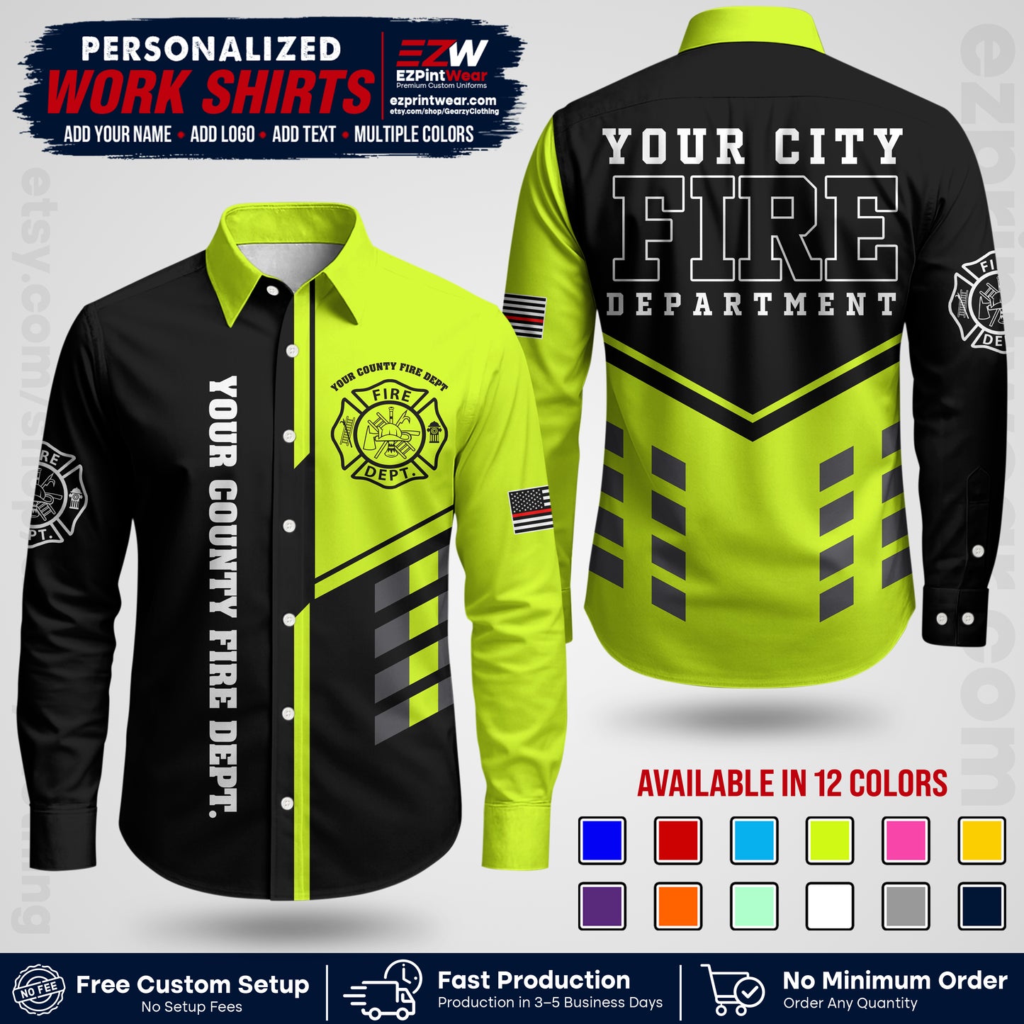 Custom Fire Department Shirt with Name, City Logo & Text | Firefighter Uniform | Button Up Work Shirt FF03