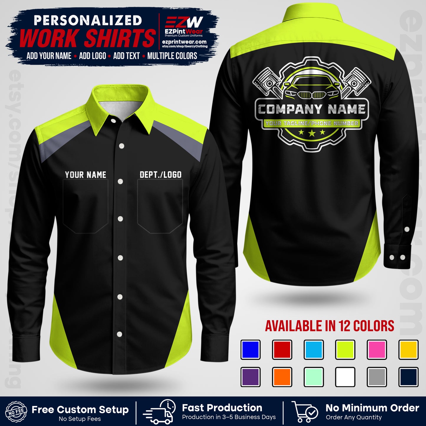 Custom Mechanic Work Shirt with Name, Logo & Text | Auto Shop Uniform | Workwear MCN 03
