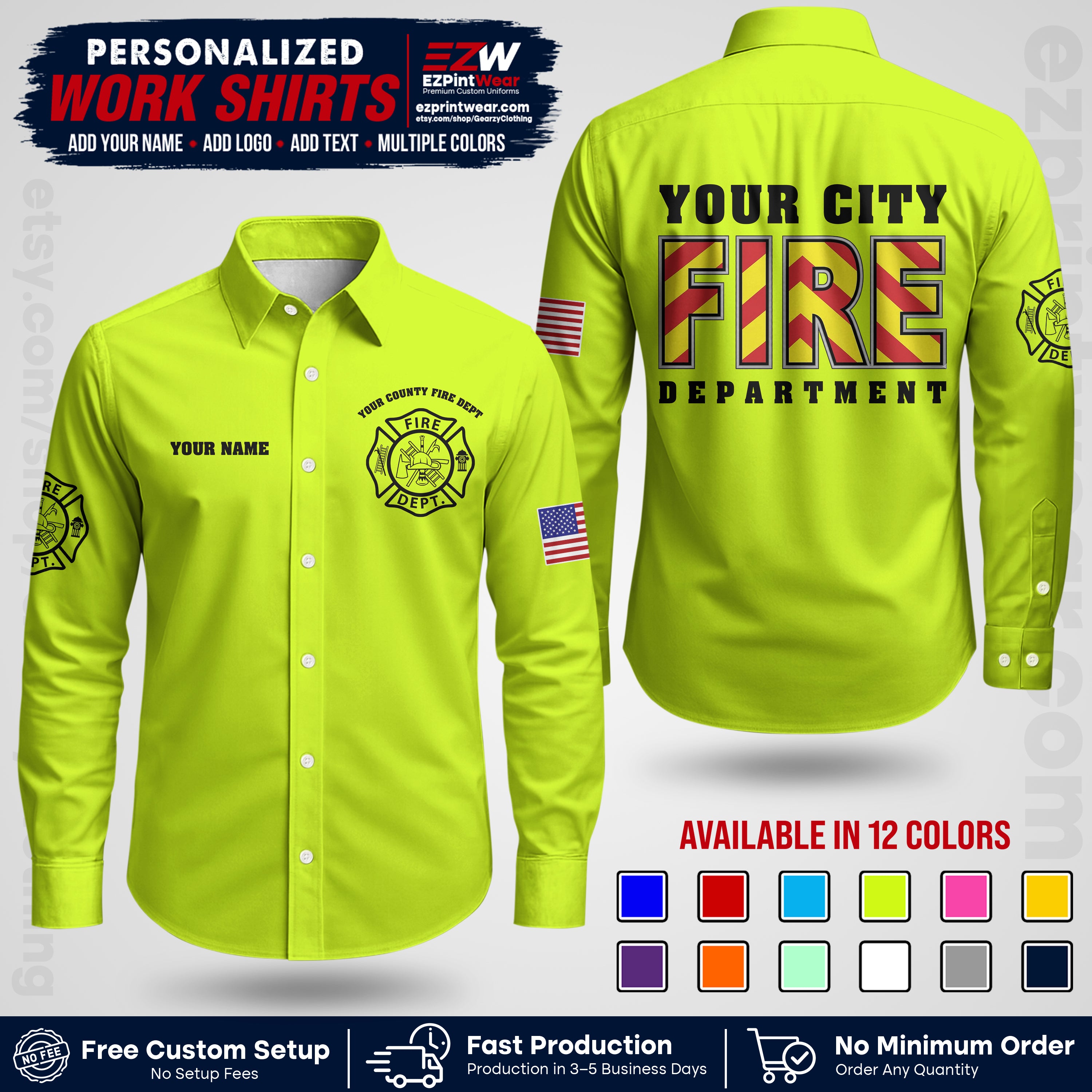 Custom Fire Department Shirt with Name, City Logo & Text | Firefighter Uniform | Button Up Work Shirt FF05