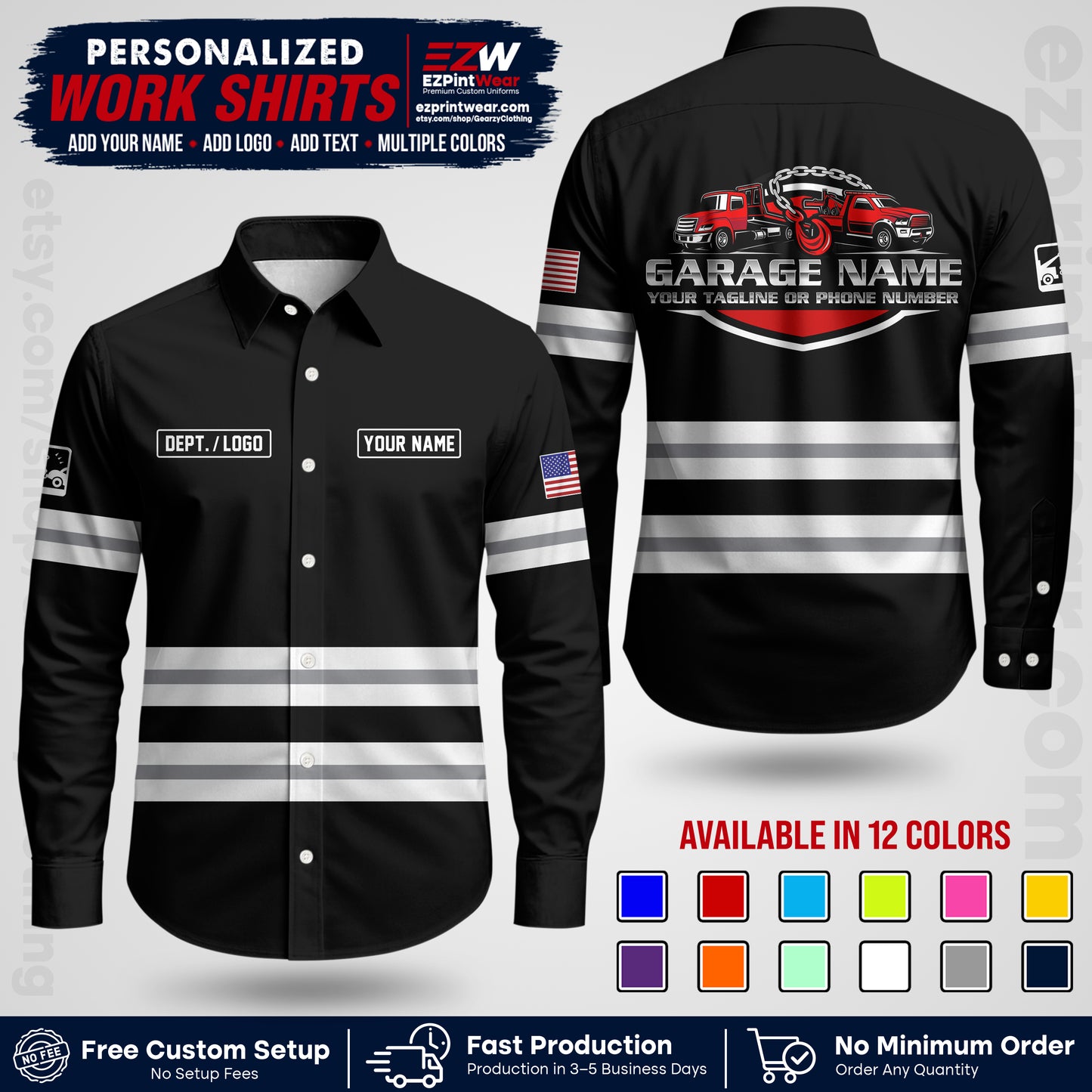 Custom Towing Workwear Uniform | Personalized Tow Truck Shirt | Non-Reflective Safety Stripe Apparel | Custom Towing Shirt | Tow Truck Apparel TW03