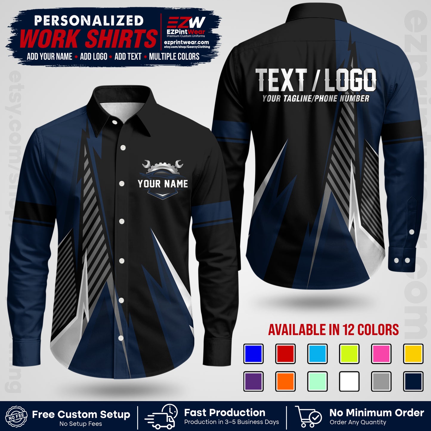 Custom Mechanic Work Shirt with Name, Logo & Text | Auto Shop Uniform | Workwear MCN 01