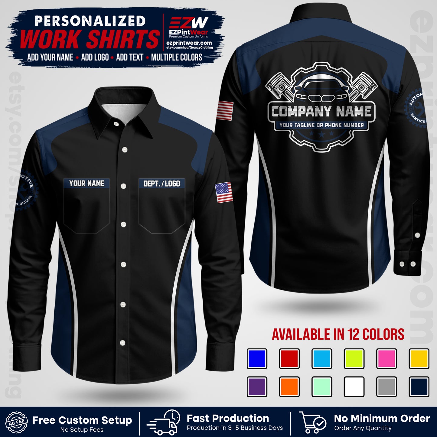 Custom Mechanic Work Shirt with Name, Logo & Text | Auto Shop Uniform | Workwear MCN 10