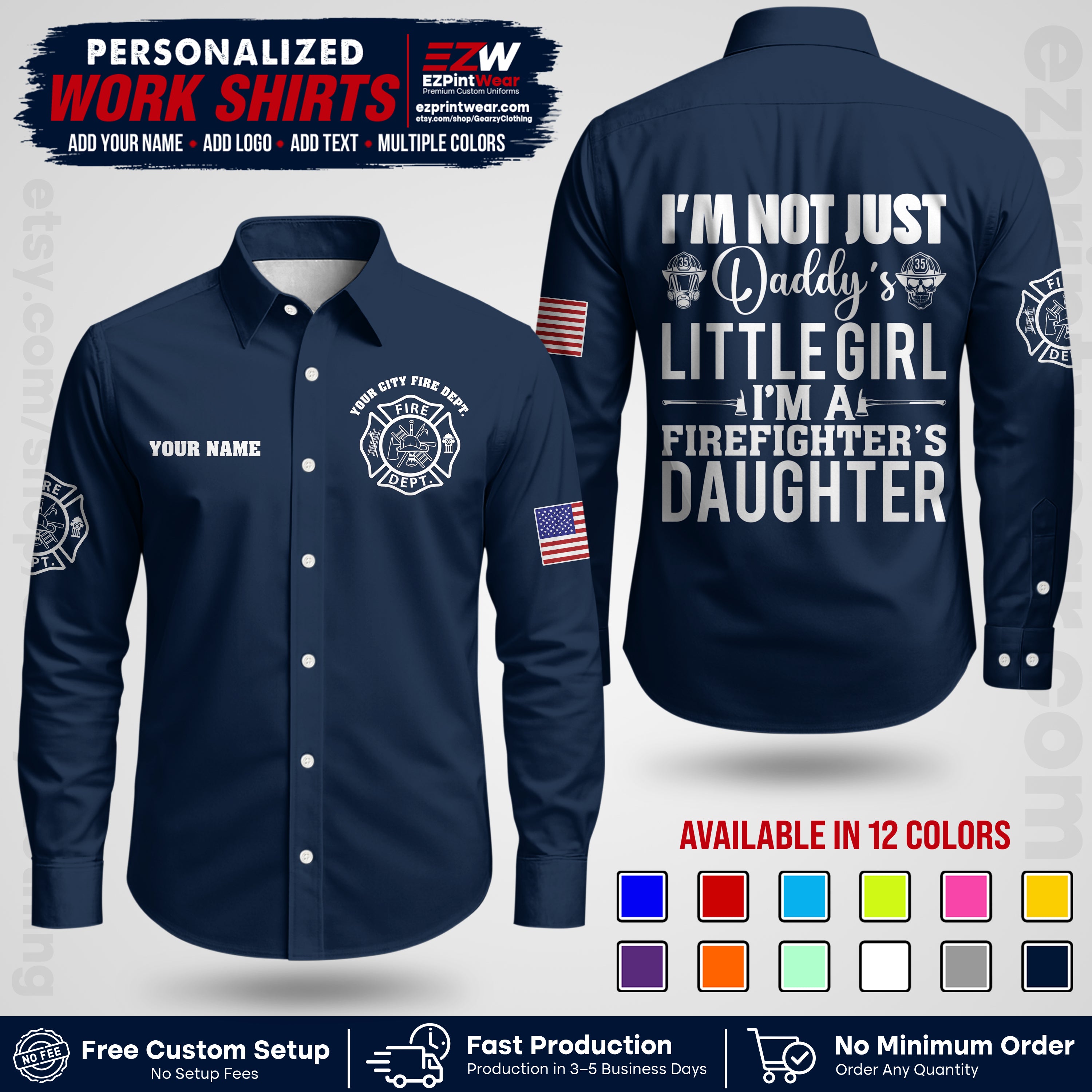 Custom Fire Department Shirt with Name, City Logo & Text | Firefighter Uniform | Button Up Work Shirt FF08