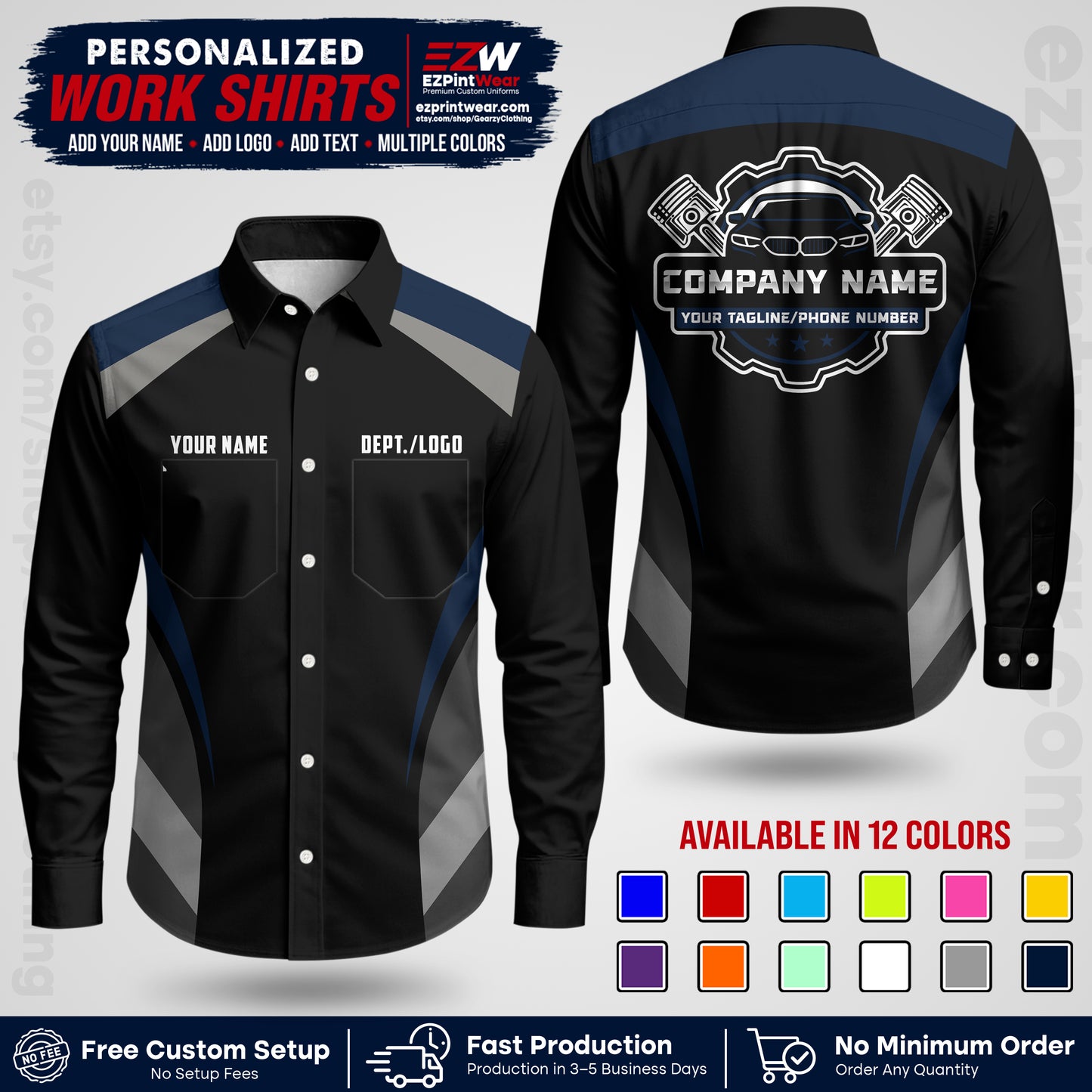 Custom Mechanic Work Shirt with Name, Logo & Text | Auto Shop Uniform | Workwear MCN 05