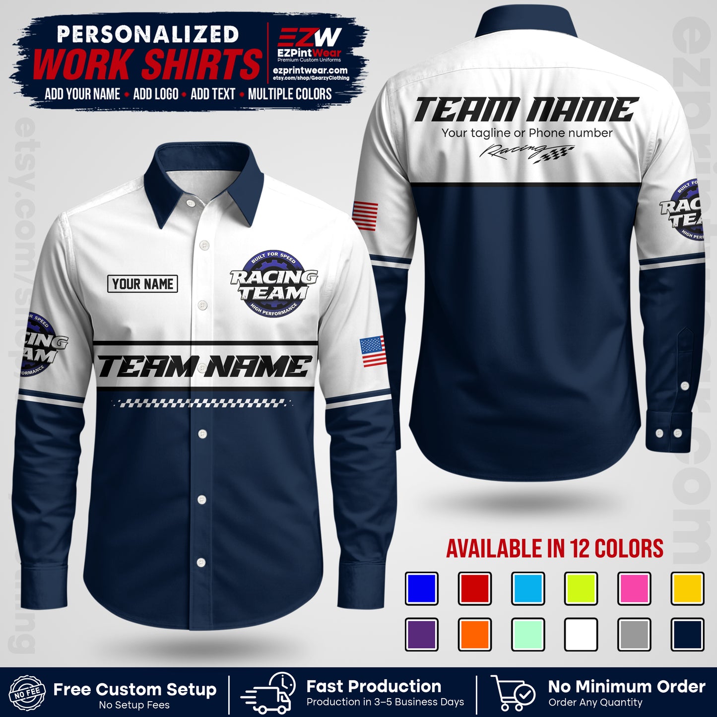 Custom Racing Shirt with Name, Logo & Text | Race Team Uniform | Crew Apparel RC12