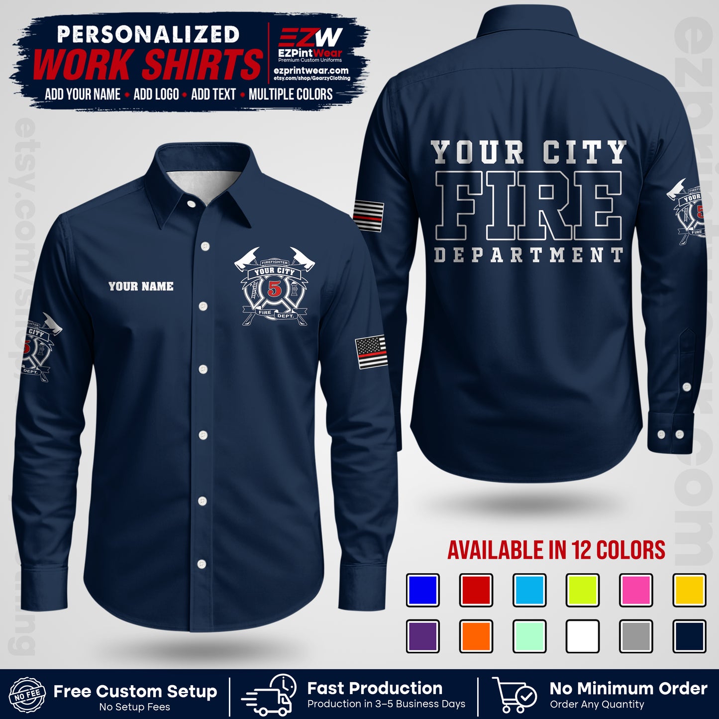 Custom Fire Department Shirt with Name, City Logo & Text | Firefighter Uniform | Button Up Work Shirt FF07