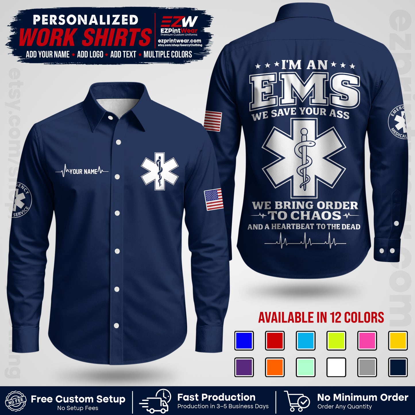 Custom EMS Shirt with Name, Logo & Text | EMS Team Uniform | First Responder Workwear EMSU05
