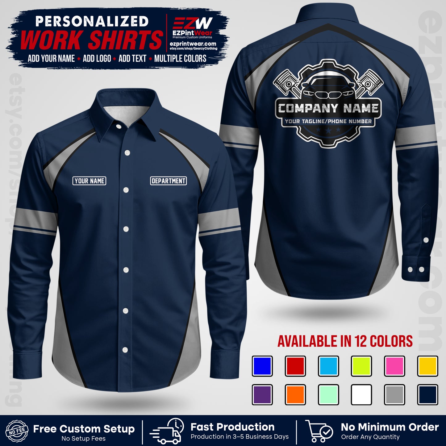 Custom Mechanic Work Shirt with Name, Logo & Text | Auto Shop Uniform | Workwear MCN 09