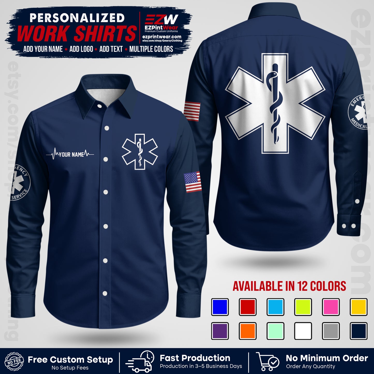 Custom EMS Shirt with Name, Logo & Text | EMS Team Uniform | First Responder Workwear EMSU04