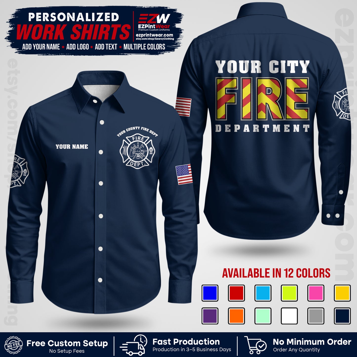 Custom Fire Department Shirt with Name, City Logo & Text | Firefighter Uniform | Button Up Work Shirt FF05
