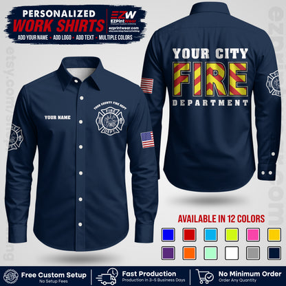 Custom Fire Department Shirt with Name, City Logo & Text | Firefighter Uniform | Button Up Work Shirt FF05