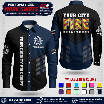 Custom Fire Department Shirt with Name, City Logo & Text | Firefighter Uniform | Button Up Work Shirt FF06