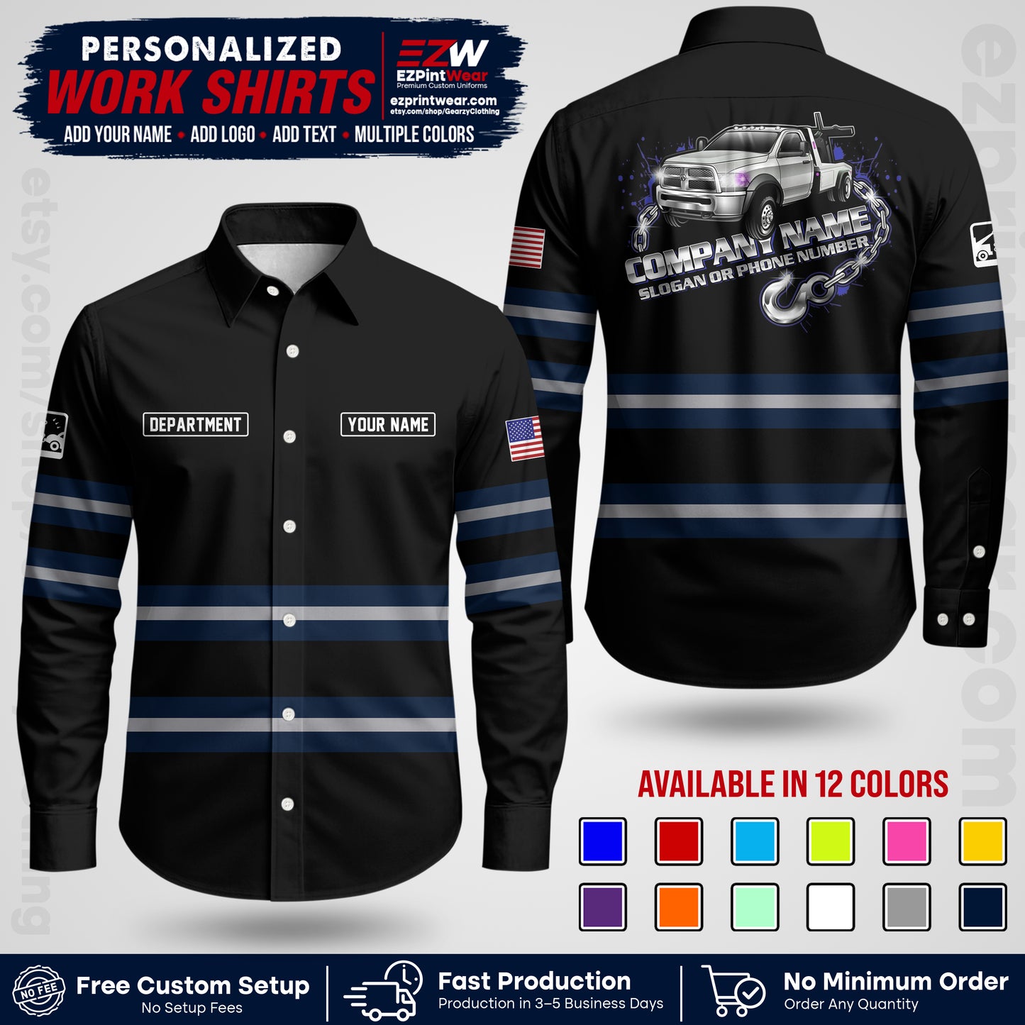 Custom Towing Workwear Uniform | Personalized Tow Truck Shirt | Non-Reflective Safety Stripe Apparel | Custom Towing Shirt | Tow Truck Apparel TW05