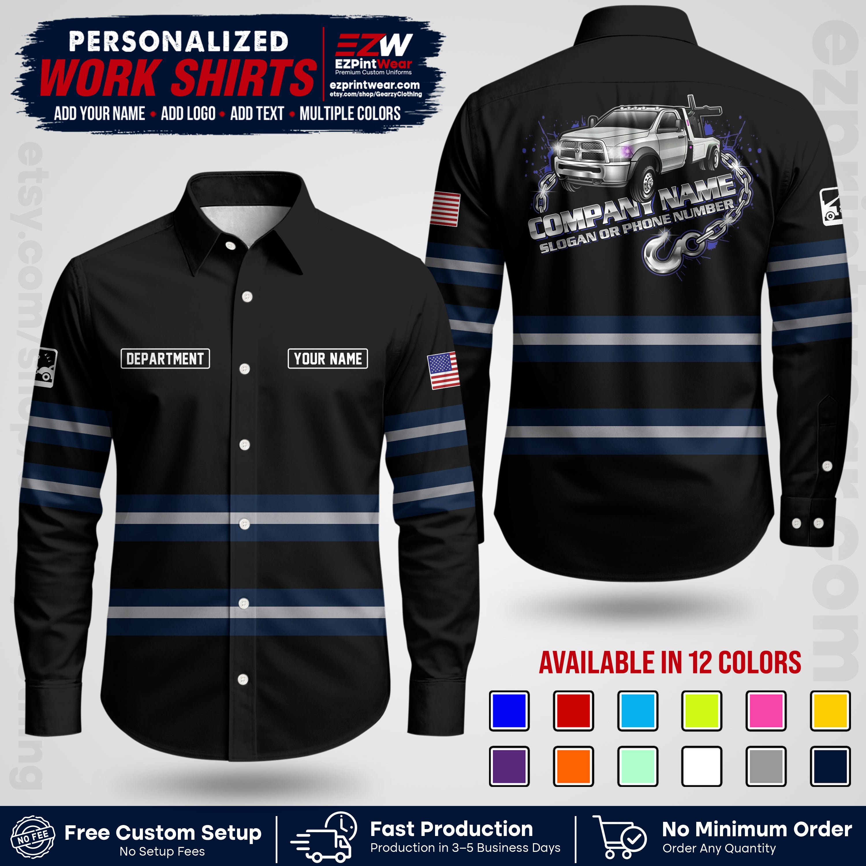 Custom Towing Workwear Uniform | Personalized Tow Truck Shirt | Non-Reflective Safety Stripe Apparel | Custom Towing Shirt | Tow Truck Apparel TW05